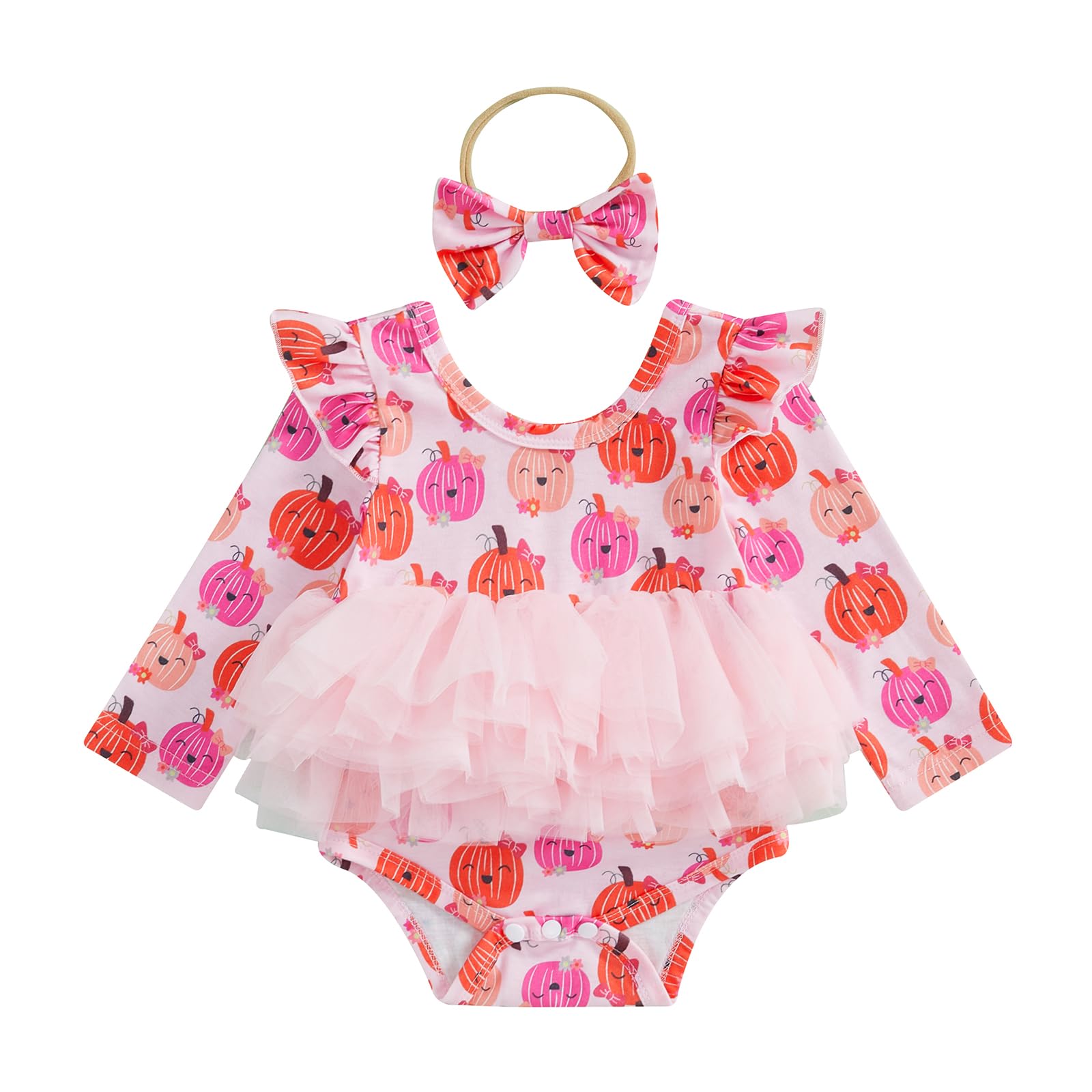 Ursobutegl Newborn Baby Girl Halloween Outfit Ruffle Sleeve Pumpkin Romper Dresses Lace Tutu Skirt Bodysuit Headband Clothes (Pink, 3-6 Months)