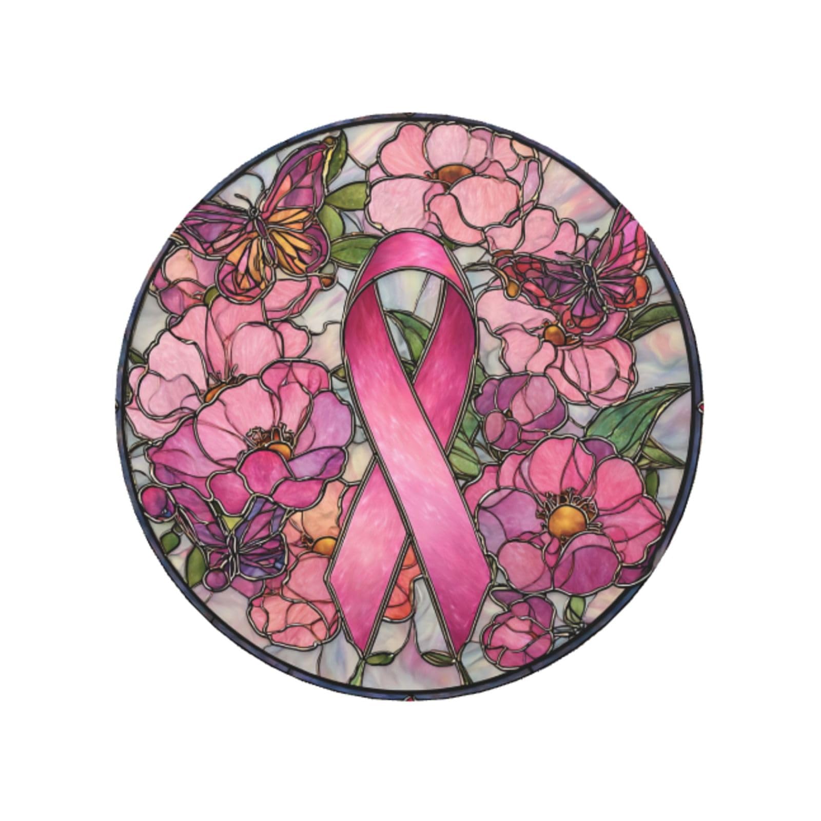 Pink Breast Cancer Ribbon Flowers And Butterflies Round Magnetic Fridge Magnets For Kitchen Durable With Enduring Magnetism