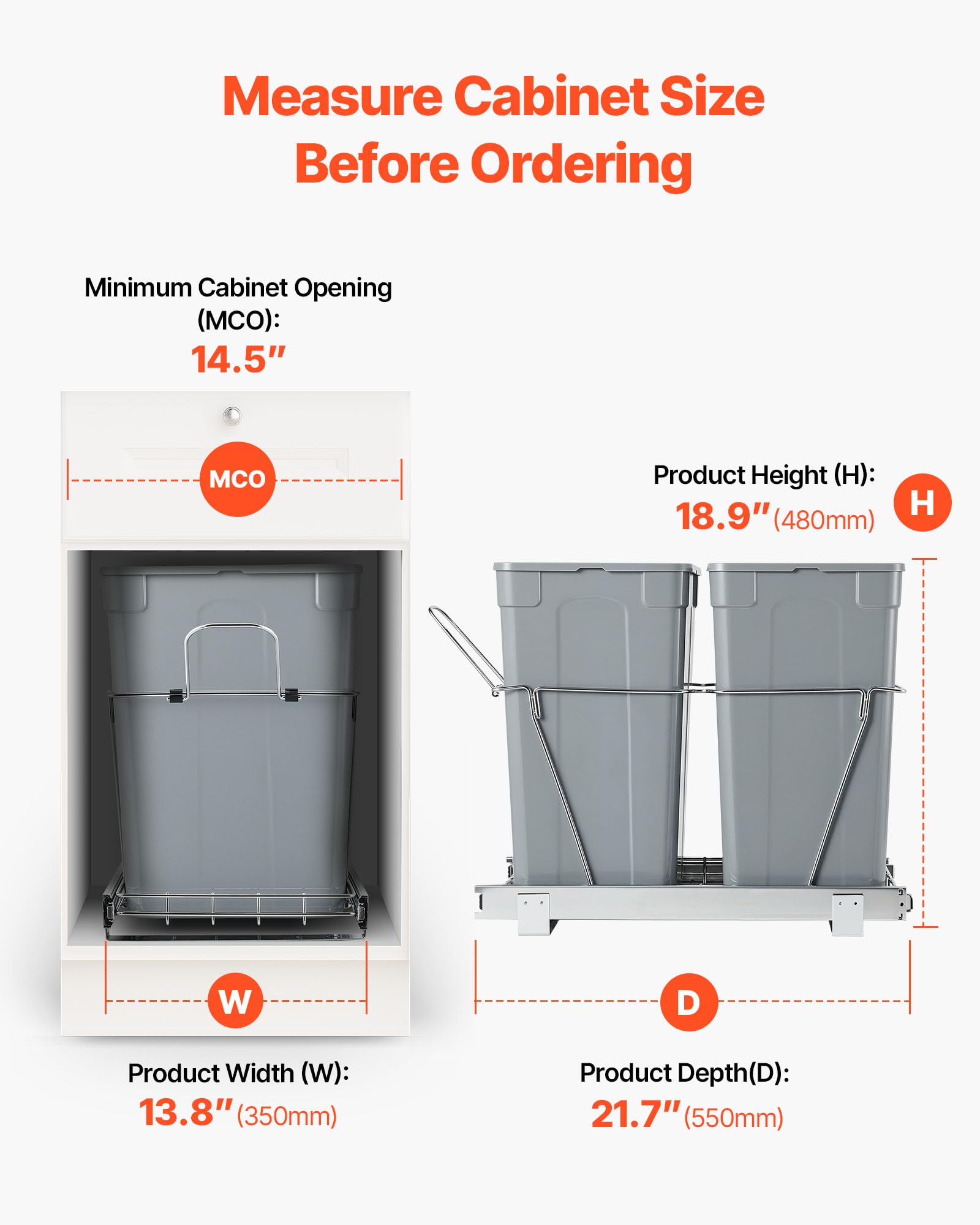 VEVOR ausziehbarer Mülleimer (35 Qt + 35 Qt) für Küchenschränke, doppelter Mülleimer unter der Spüle, Müllbehälter für unter die Spüle, mit robustem Vollauszug-Schiebesystem aus Metall & Griff