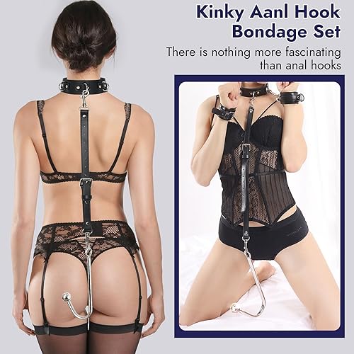 Miniatura 2 de Gancho anal Sexo Bondage Restricciones Esposas Collar, Correa de cuero de 2 capas BDSM Kit, Kinky Fetiche Anal Sexo Juguete, Cuello a Muñequera