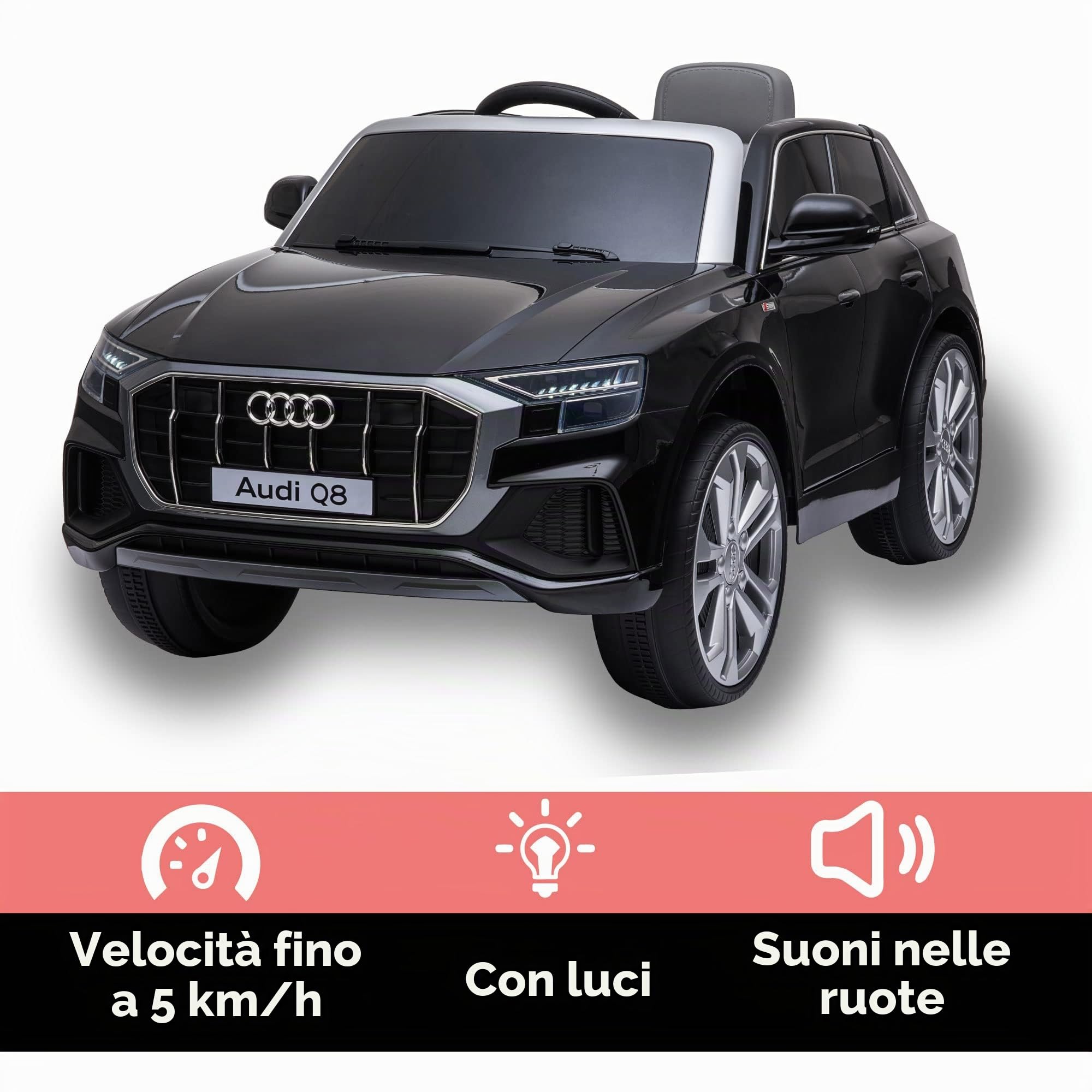 FEBER Auto elettrica per Bambini dai 3 Anni Q8 Black 12V R/C, radiocomandata, con fari con Luce, 3 velocità, acceleratore e Freno Elettrico, Famosa (800013444)