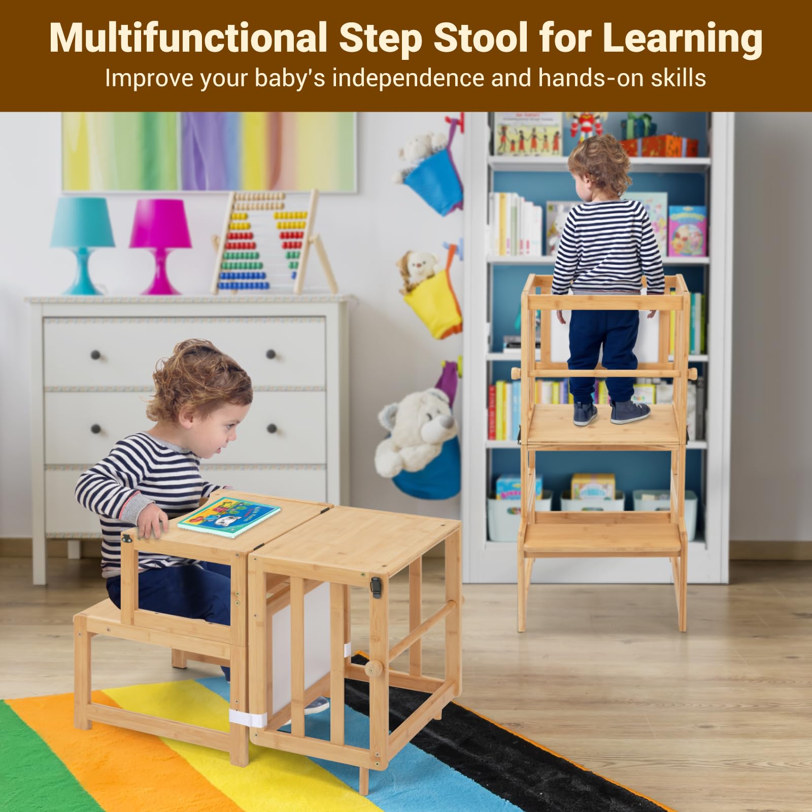 COSYLAND Montessori Lernturm ab 1 Jahr klappbar | 3 in 1 Learning Tower & Lernstuhl Kinder ab 1 Jahr | Klappbarer Montessori Lernturm mit Tafel für Küche, Tisch & Bad, Toddler Tower