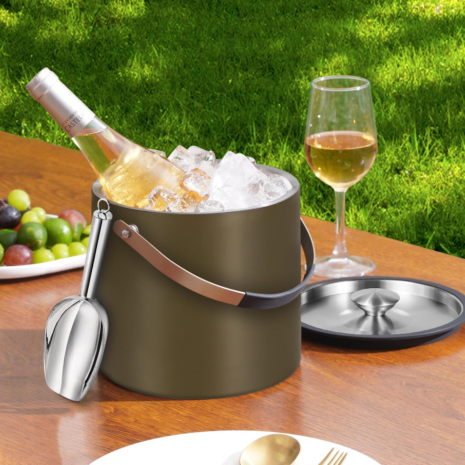 Cubitera de hielo aislada moderna de 3,2 L con tapa de silicona, cuchara, colador, cubo de hielo de acero inoxidable de doble pared para fiestas y bar de cócteles, ideal para regalo