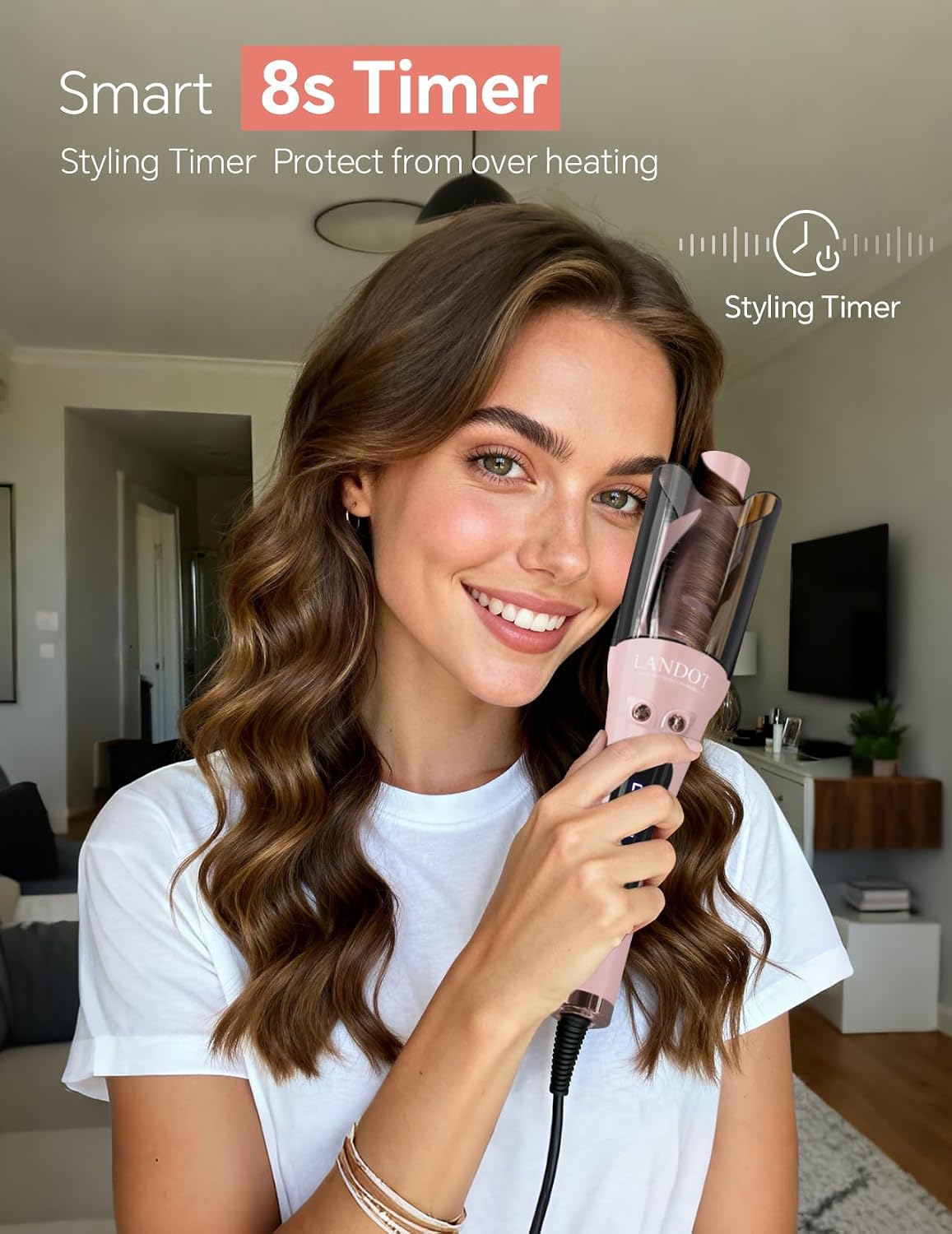LANDOT Automatic Curling Iron 1 Inch, Dual Voltage 100-240V for Travel | 8 Temp (300-430°F), Fast 30s Heat-Up, 2-Way Rotation, 60-Min Auto Shut-Off, Anti-Tangle, Ceramic Coating