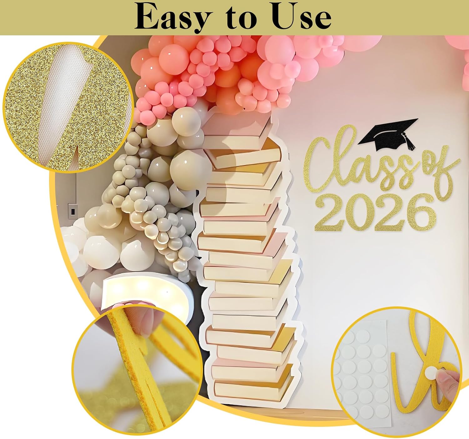 Class of 2026 Sign for Backdrop - Felt Class of 2026 Congrats Grad Decal Sign for Graduation Balloon Arch Backdrop Grad Party Decorations Photo Props (Glitter Gold)