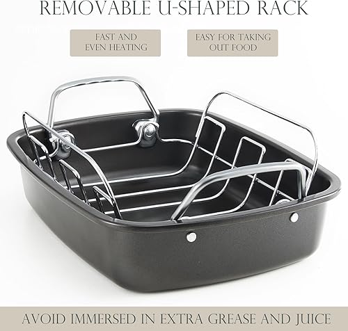 Miniatura 5 de KITESSENSU Sartén antiadherente para asar pavos con estante de 17 x 14 pulgadas, sartén grande para asar pollo para horno, asas más anchas y