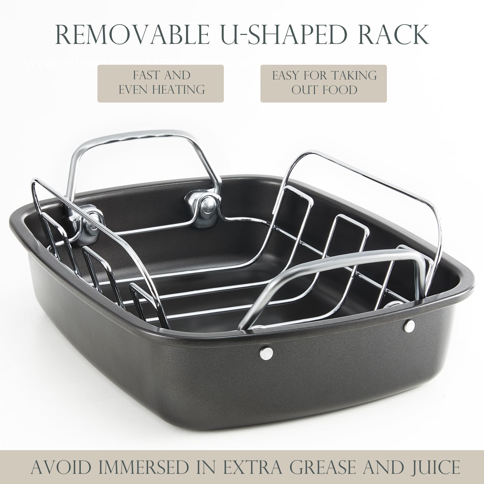 Sartén antiadherente para asar pavos con estante de 17 x 14 pulgadas, sartén grande para asar pollo para horno, asas más anchas y construcción resistente, adecuada para pavos de 24 libras, color gris 8