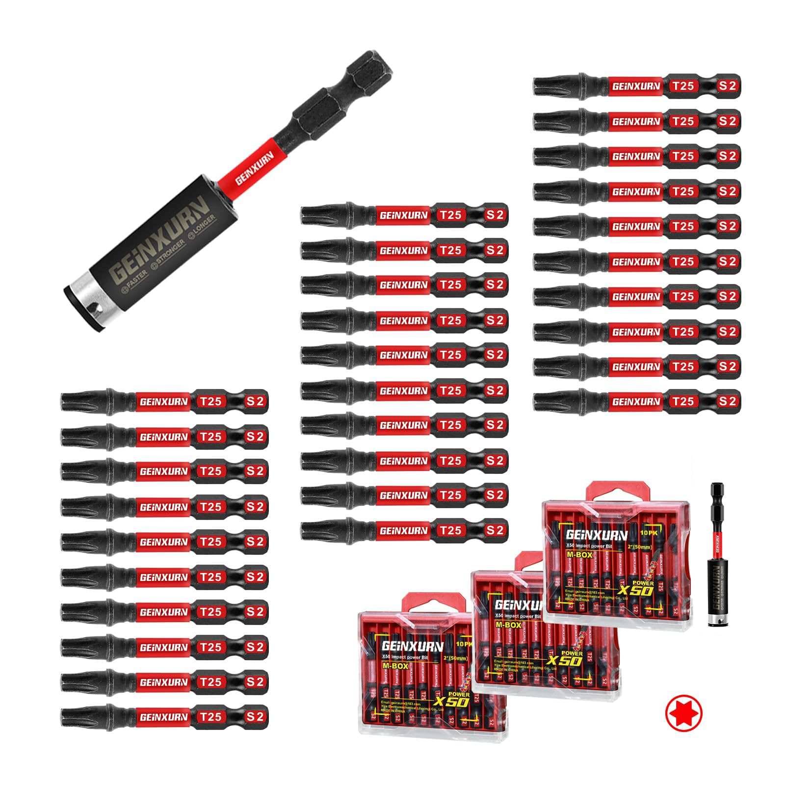 Geinxurn 30 Pieces 2 In. T25 Impact Tough Magnetic Screwdriver Bit Set, #25 Torx Head Power Bits, S2 Alloy Steel Star Bits with 1 Pc Impact Bit Holder
