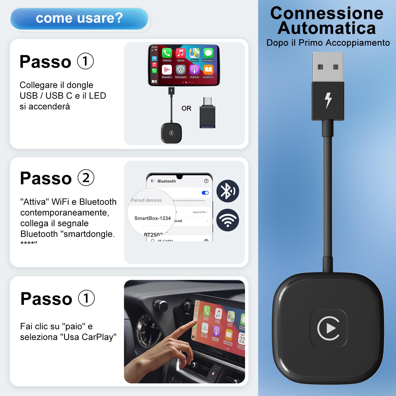 Adattatore CarPlay Wireless, Adattatore Carplay senza fili per OEM, Dongle Carplay Wireless Converte il Carplay Cablato Delle in wireless Compatibile con 98% delle Auto, 5Ghz WiFi＆iOS 10+