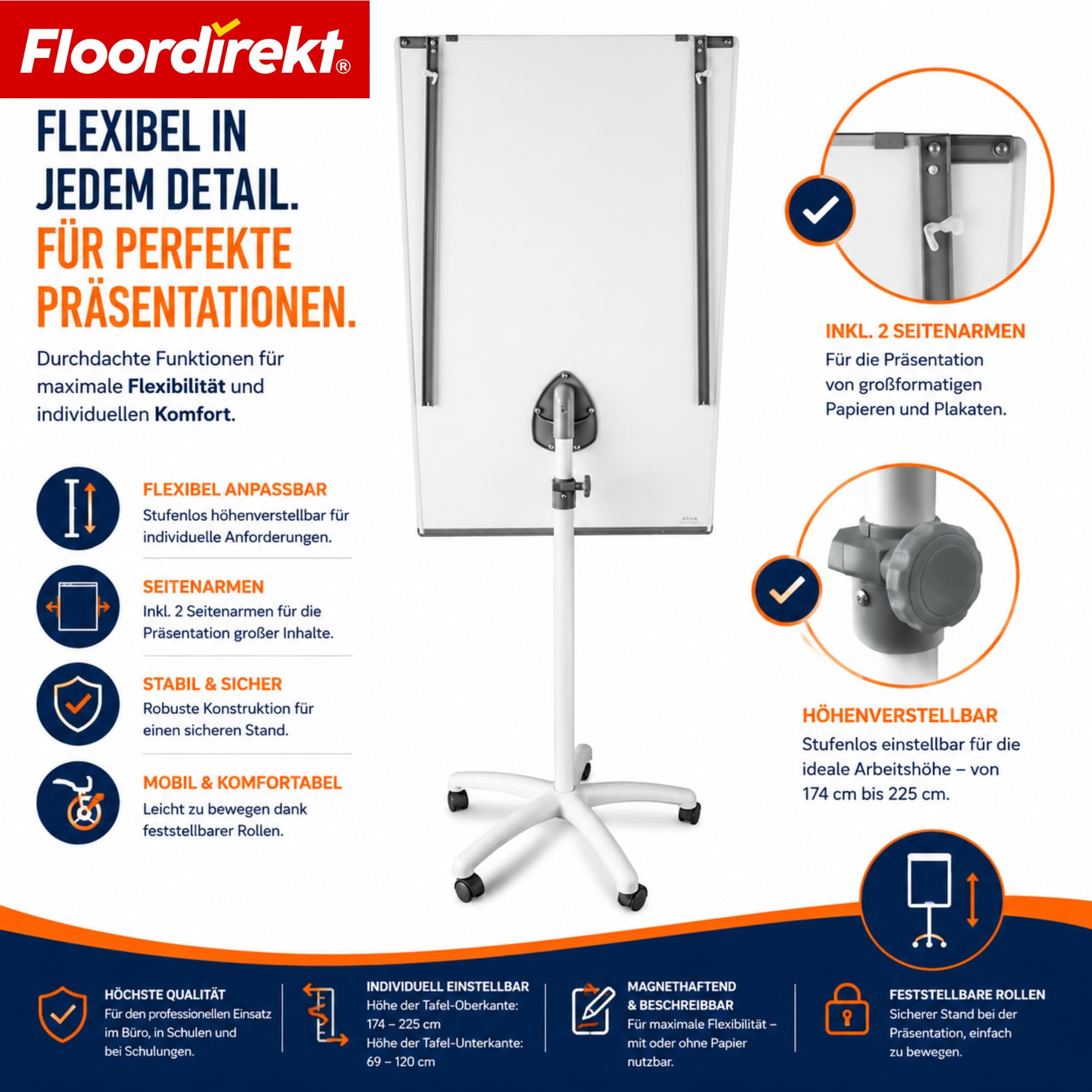 Floordirekt Pizarra magnética con soporte de rodillo, soporte para bloque y brazos laterales, magnético, se puede escribir y ajustar en altura, pizarra blanca, pizarra magnética, con bandeja de