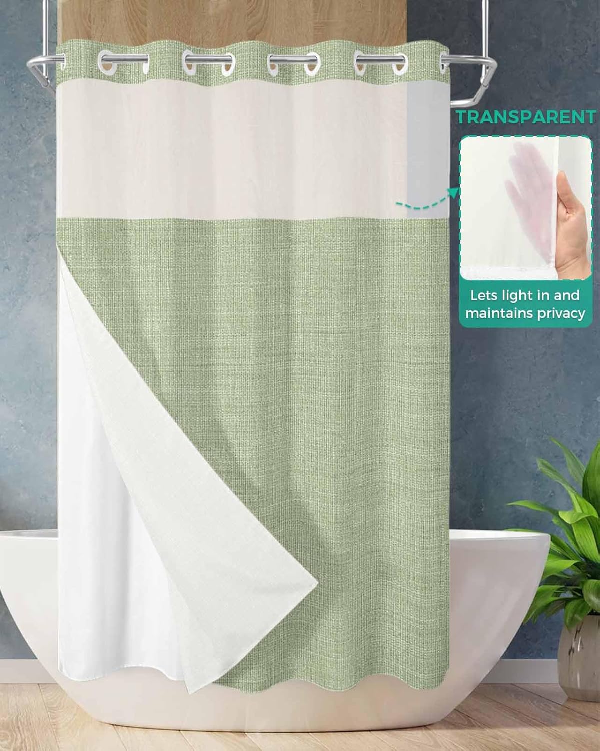 No Hook Shower Curtain and Snap in Liner Set, Vintage Grass Green Bathroom Stall Shower Curtains 36x72 Inch, See Through Mesh Top Window, Farmhouse Retro Beige Solid Color Hotel Style, Waterproof