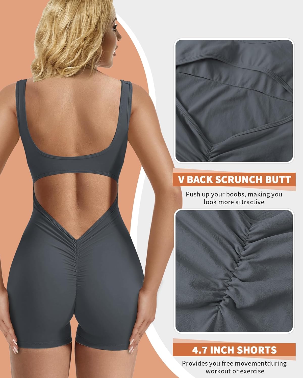 AURUZA Jumpsuits for Women, Workout V Back Rompers Seamless One Piece Tummy Control Jumpsuit Scrunch Butt Yoga Short - Image 3