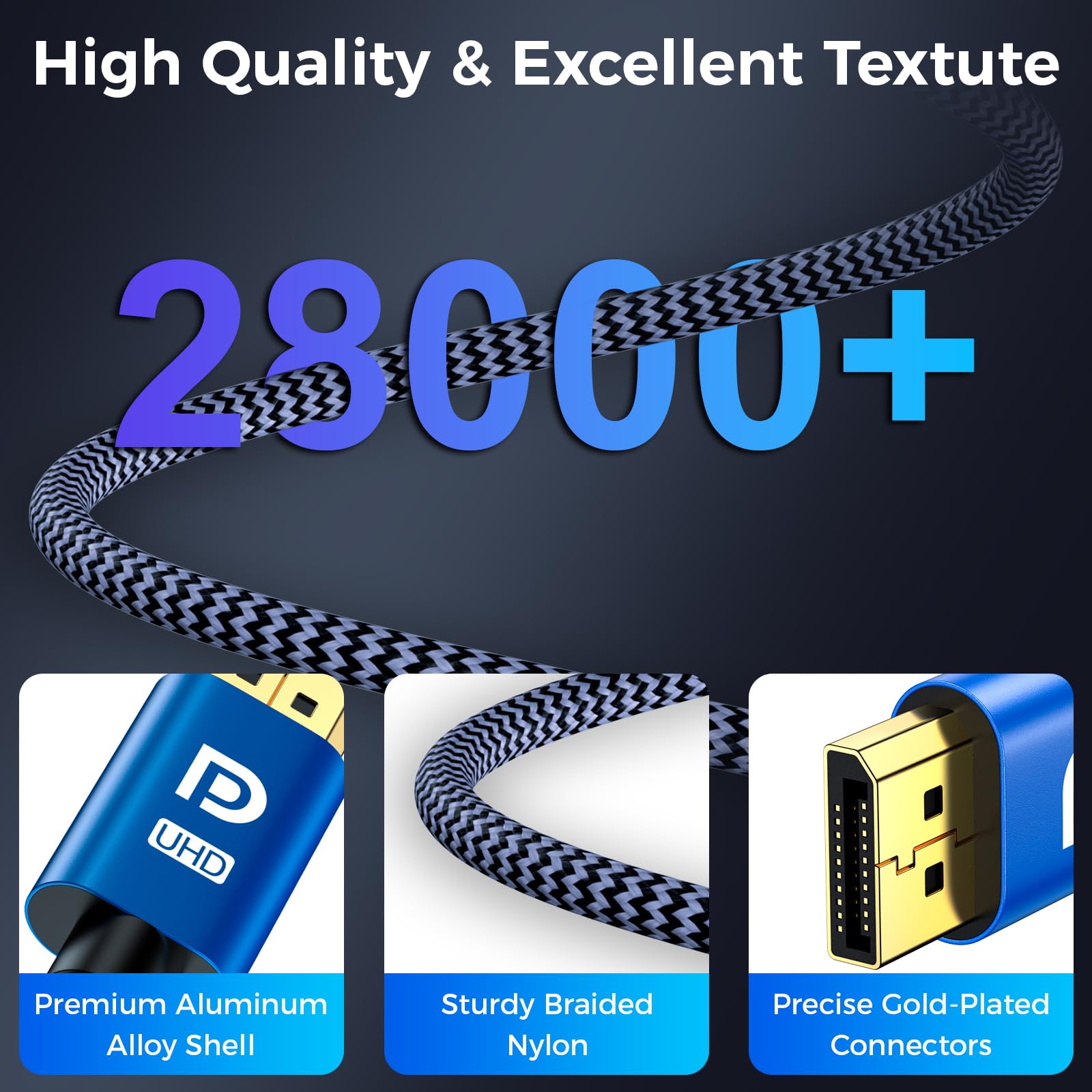 Kabel DisplayPort 2M, Display Port 1.4, Kabel DP Obsługa 8K@60Hz, 4K@144Hz, 2K@240Hz, 32.4Gbps, HBR3 HDR, DSC 1.2, G-Sync FreeSync, Kabel Display 2.0 Lead dla Laptopa Gaming Monitor PC TV - Niebieski