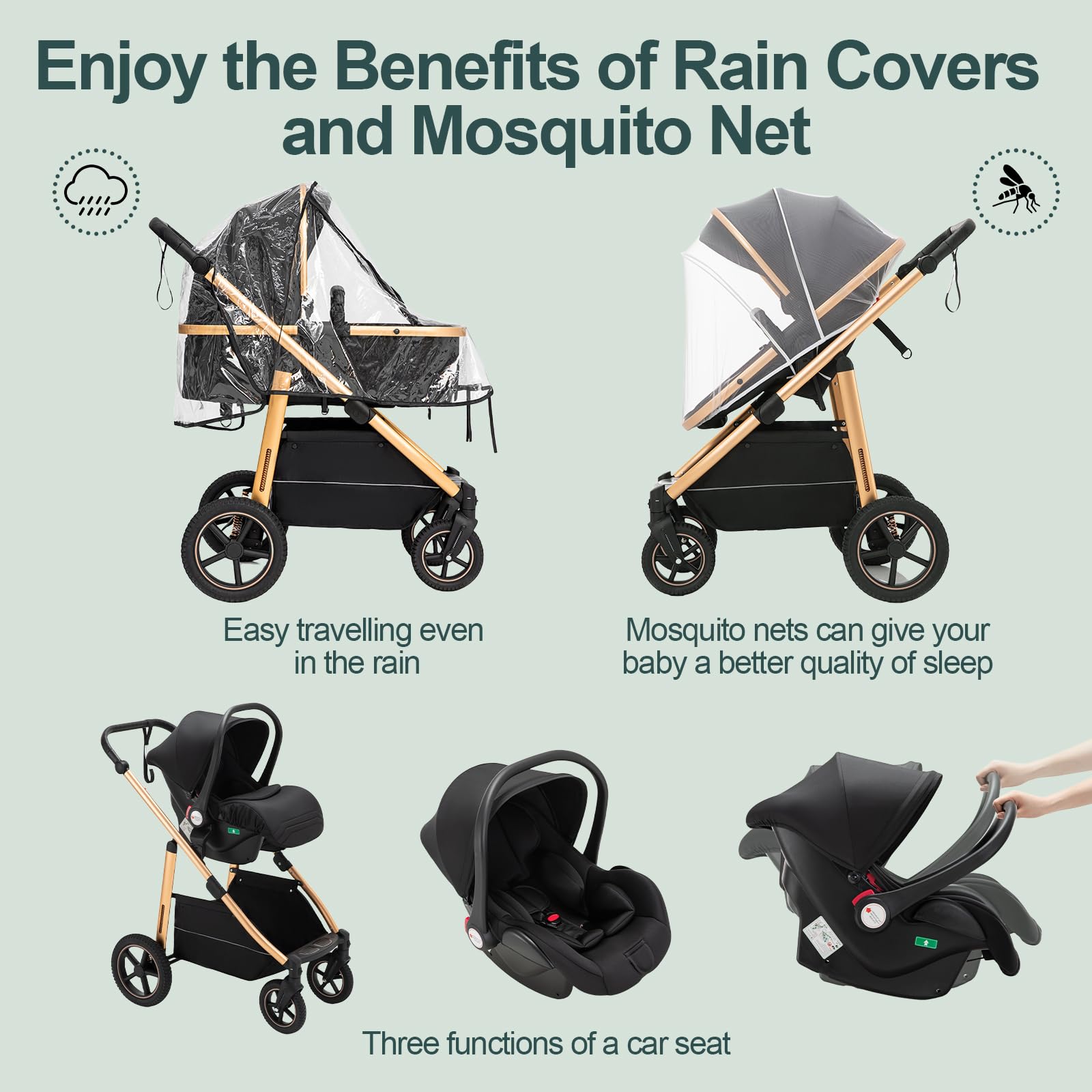 Passeggino 3 in 1,Passeggino Fronte Mamma da Viaggio con Manico Regolabile,Passeggini e Carrozzine Convertibili, Per 22 kg, 0-4 Anni(Beige)