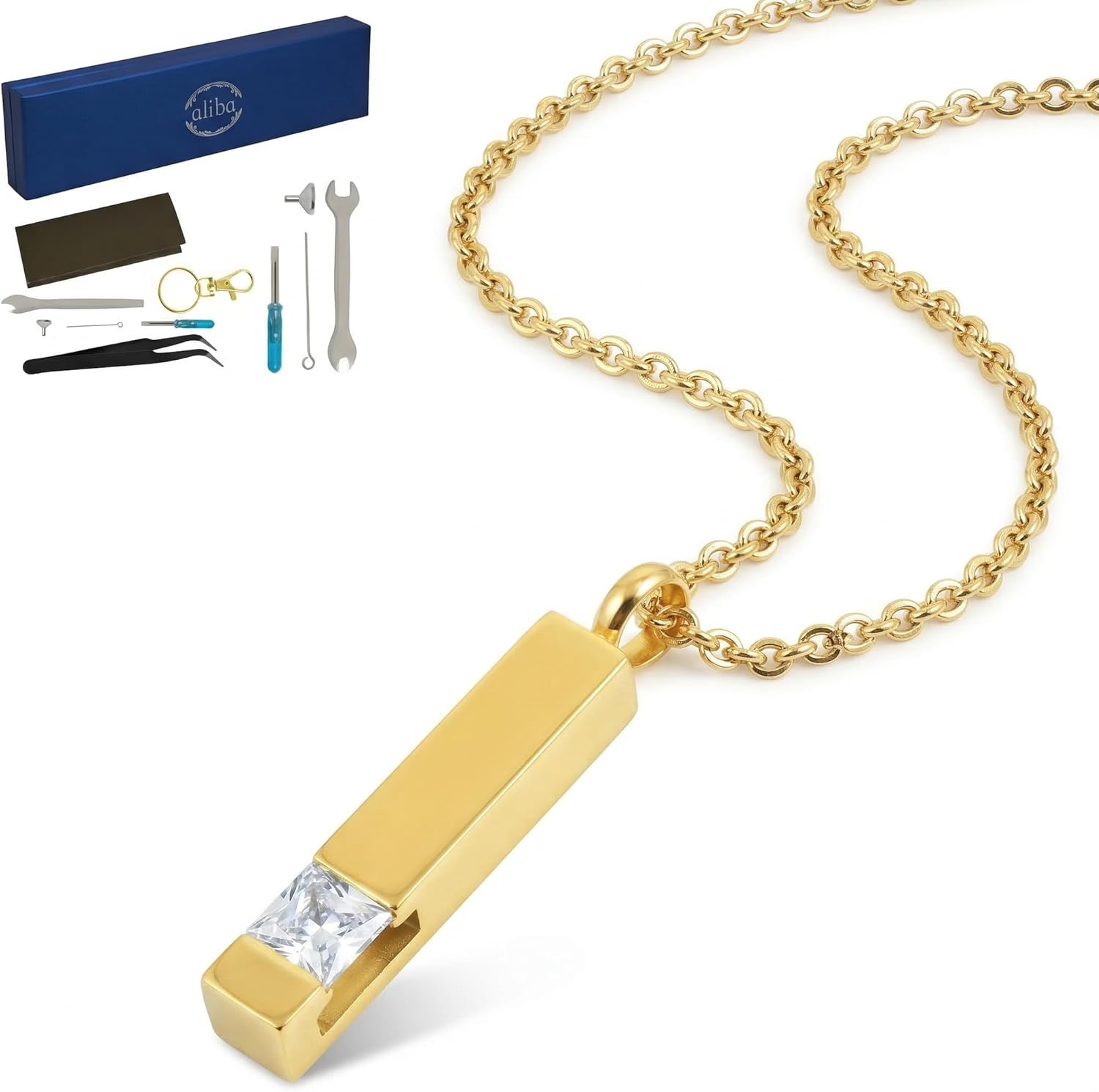 [aliba] 遺骨ネックレス バー×ジルコニア 金×シルバー サージカルステンレス 金属アレルギー対応 手元供養 防水 納骨セット付