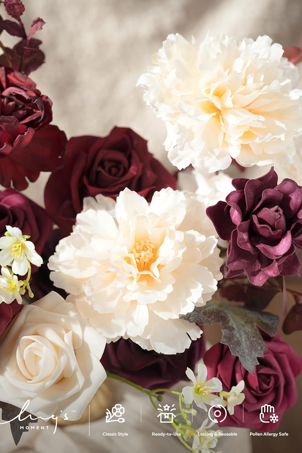 Ling's moment Burgundy Artificial Flowers and Greenery Combo Box Set, Marsala & Cream Fake Flower for DIY Wedding Bridal Bouquet, Centerpieces Decor, Floral Arrangement Decor, etc. - Image 3