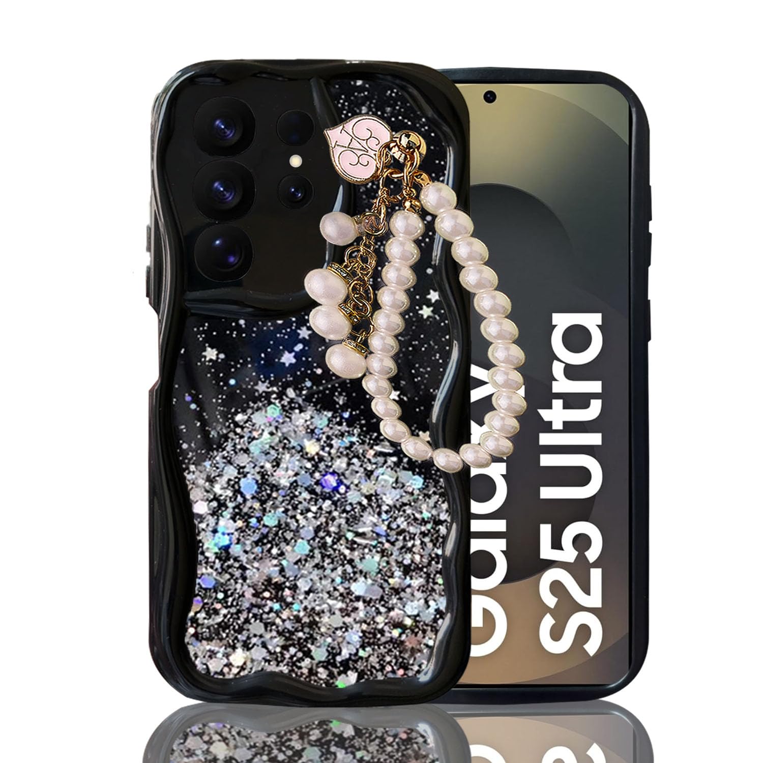 KC Back Cover for Samsung Galaxy S25 Ultra 5G - 3D New Curly Wave Dry Fixed Non Moving Starry Glitter Pearl Wrist Hanging Chain Shockproof Soft Silicone Camera Protection Case (Black)