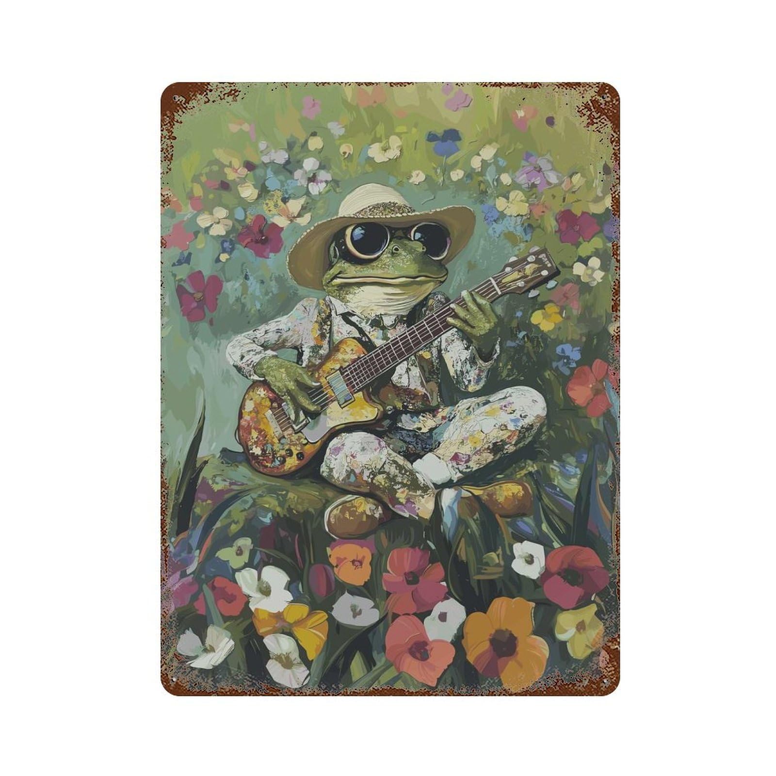 Toad Guitarist in Flower Garden Rust Effect Tin Sign 15.7"x11.8", Old School Wall Decor for Living Room, Hallway And Home Decor