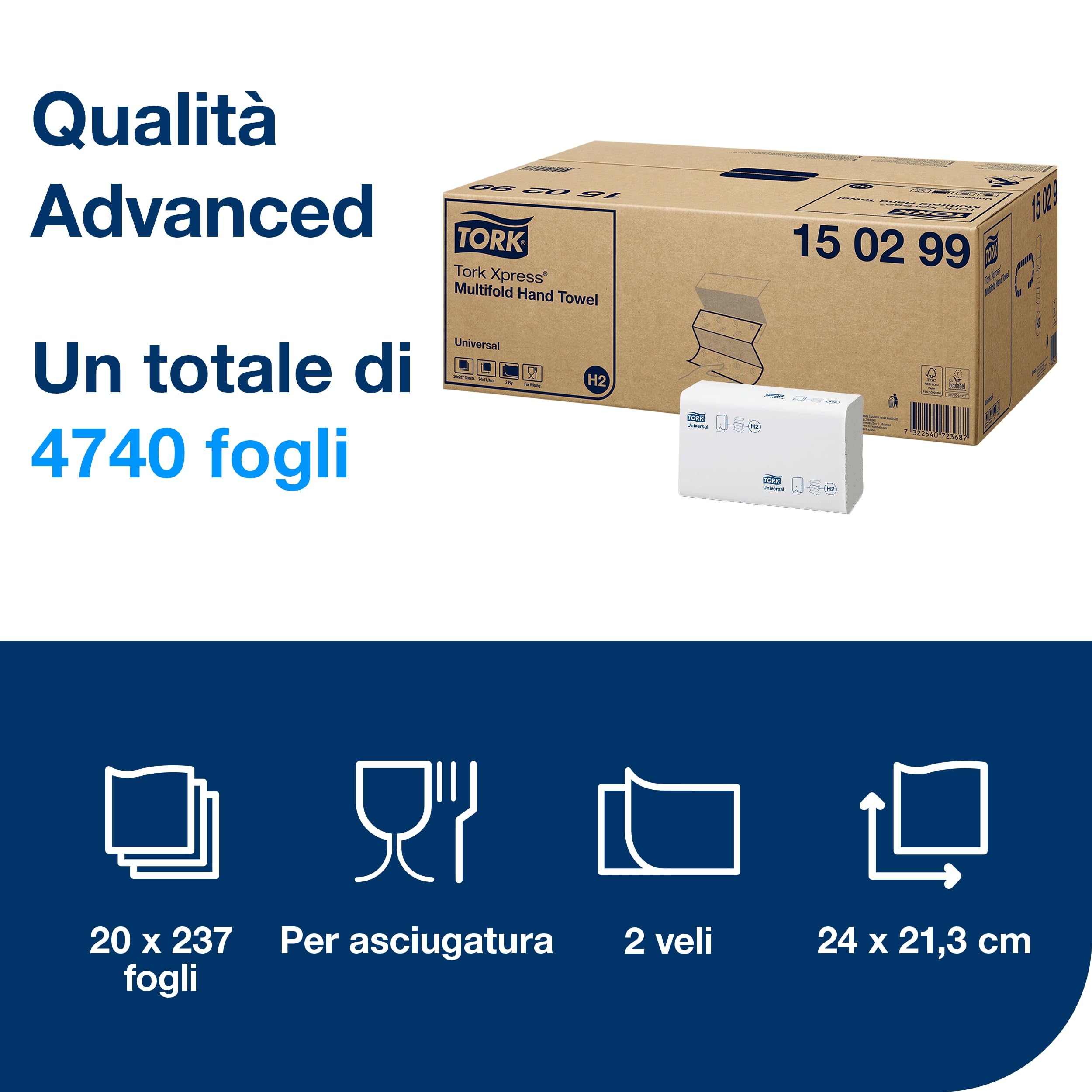 Tork 150299 Xpress Asciugamani intercalati piegati a Z Universal, compatibili con il sistema H2, 2 veli, 1 conf. da 20 pacchetti x 237 asciugamani, colore bianco