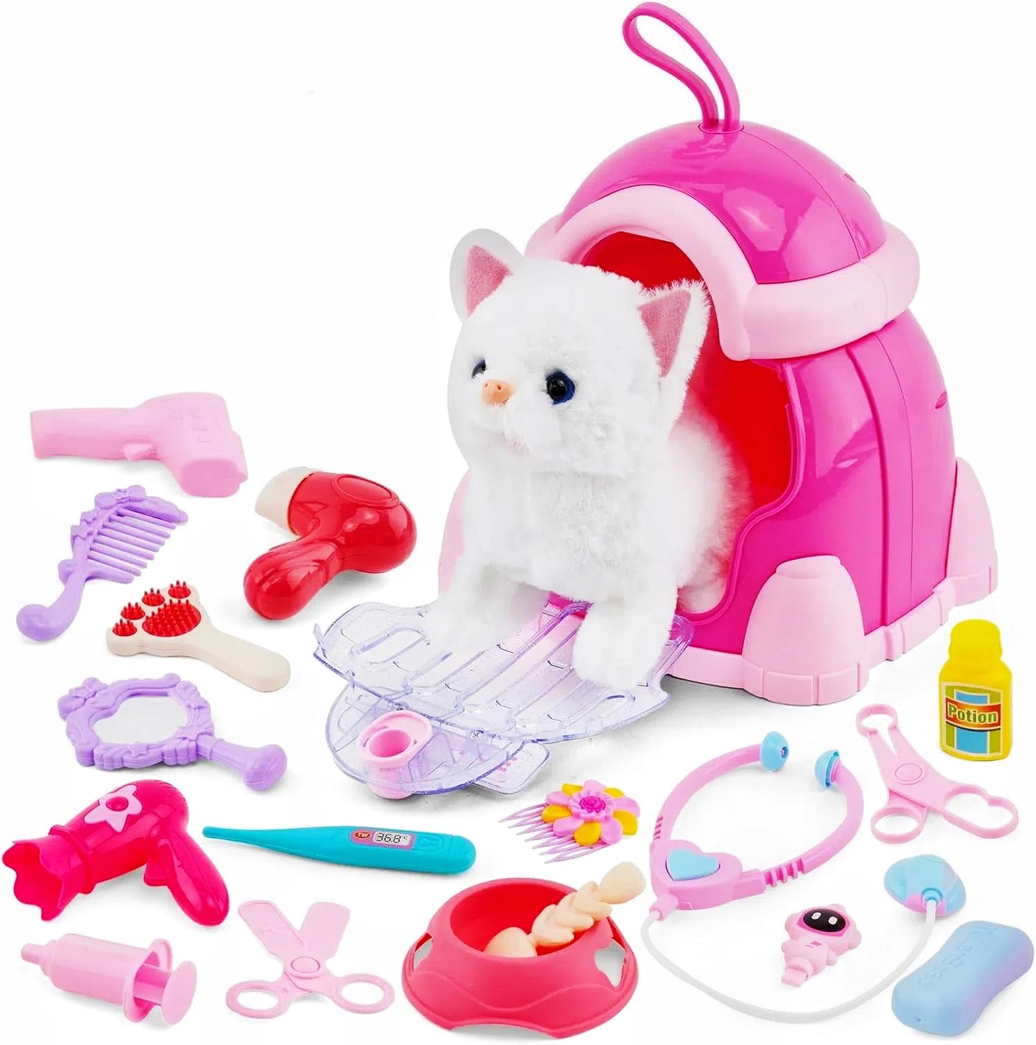 Electronic Pet Cat Interactive Plush Toy kids,Pet Grooming and Feeding Playset with Lockable Cage,Cat Walking Barking Wagging Tail Educational Toy,Pretend Dress Up Toy,Gifts for Boys and Girls 3+