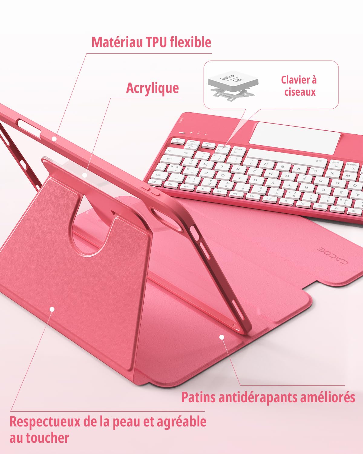 CACOE Étui Clavier Rotatif 360° pour iPad (A16) 11/10 EME Génération (11"/10,9") 2025/2022 avec Pavé Tactile, Rétroéclairage 7 Couleurs, Clavier sans Fil Détachable avec d'assistance, Rose