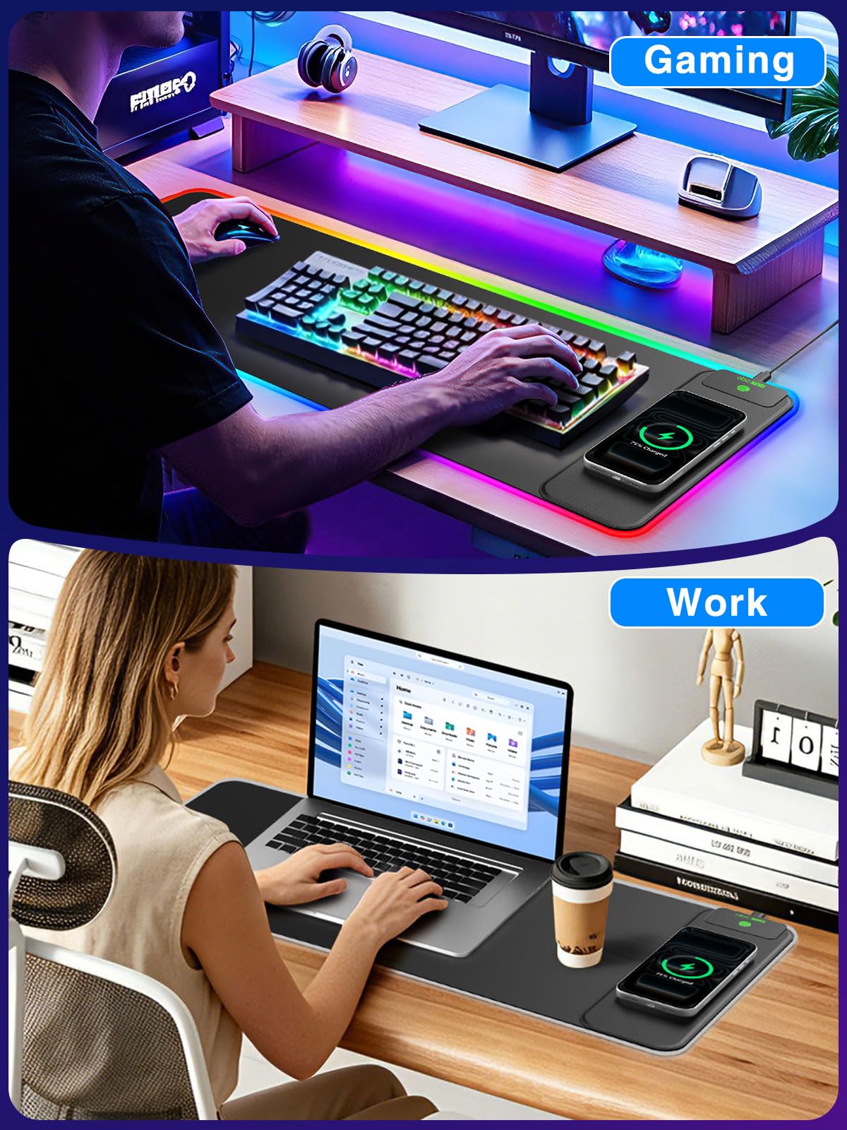 Alfombrilla de mouse RGB para juegos con cargador inalámbrico magnético de 15 W, alfombrilla de escritorio LED grande de 31.5 x 11.8 pulgadas, 24 efectos de iluminación con base de goma antideslizante
