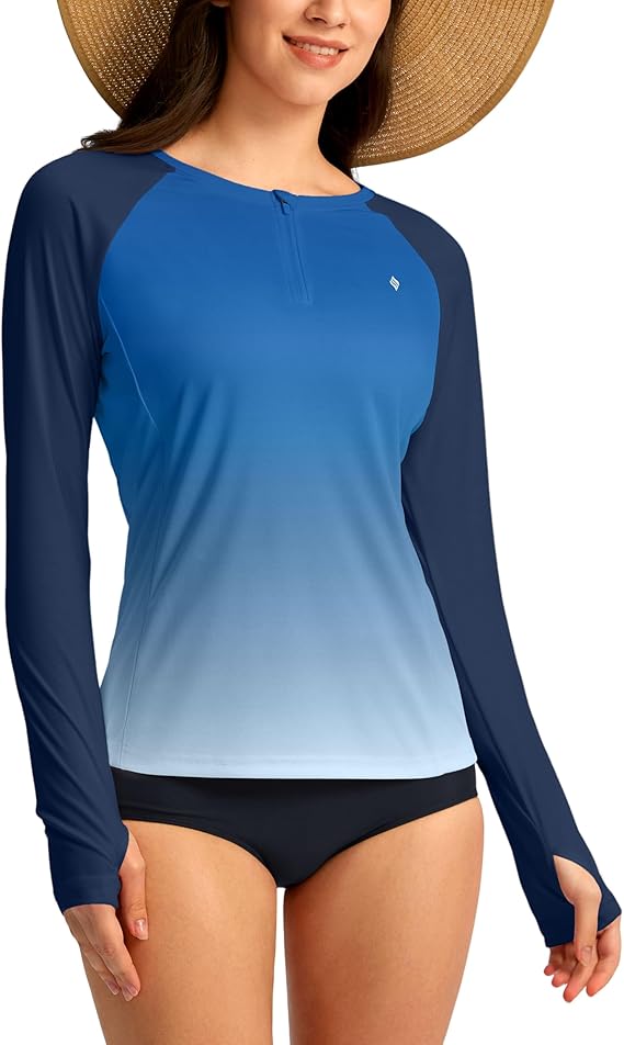 SANTINY Women's Rash Guard UPF50+ SPF Long Sleeve Swimsuits Top UV Sun Protection Swim Shirts for Woman with Zip