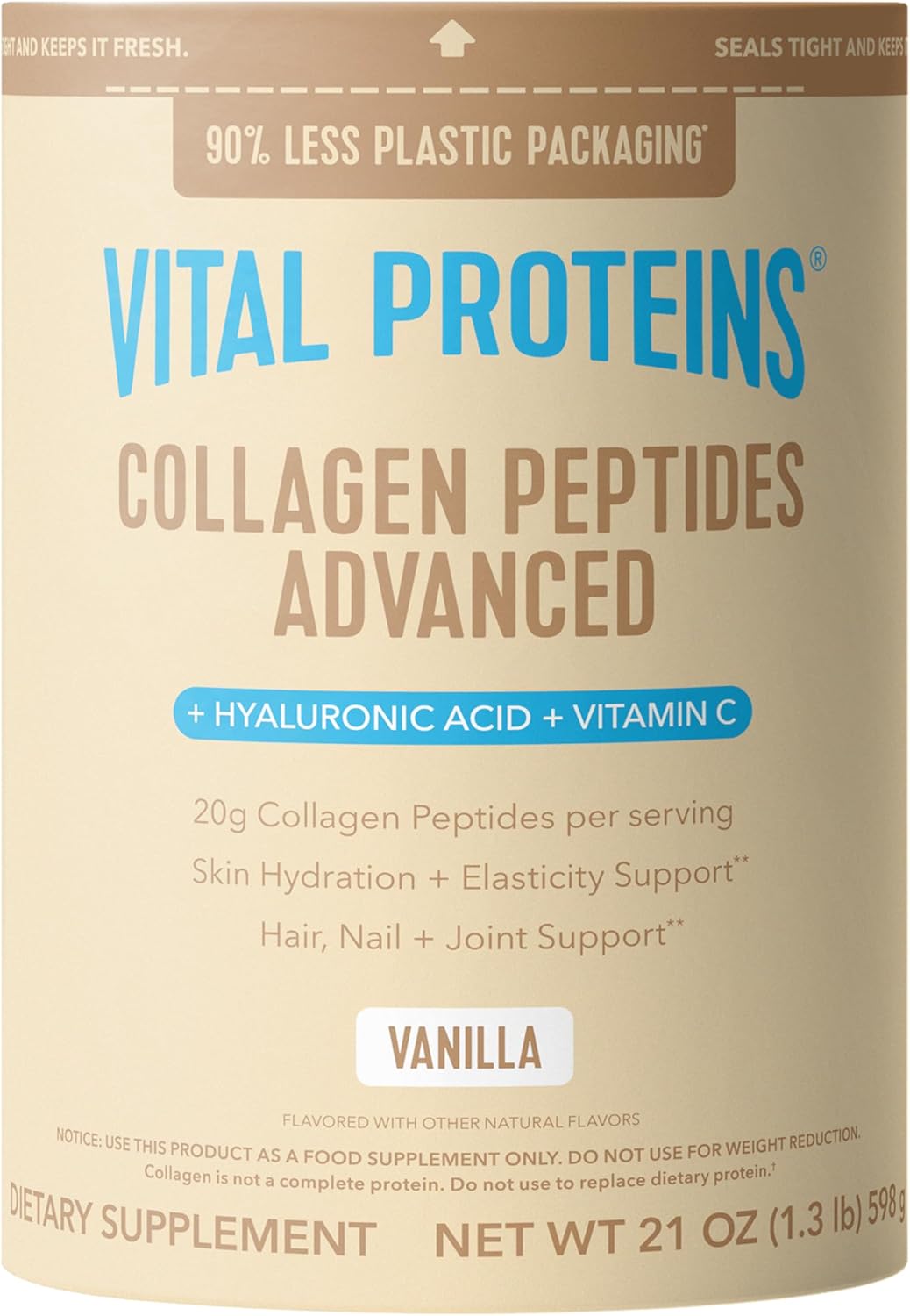 Vital Proteins Collagen Peptides Advanced, Hydrolyzed Peptides with Hyaluronic Acid and Vitamin C - Vanilla Flavor Powder, 21oz