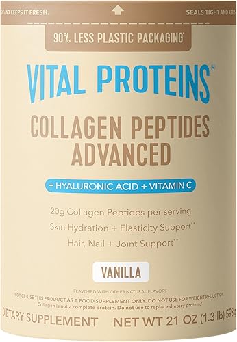 Vital Proteins Péptidos de colágeno avanzados, péptidos hidrolizados con ácido hialurónico y vitamina C - Polvo sabor vainilla, 21 onzas