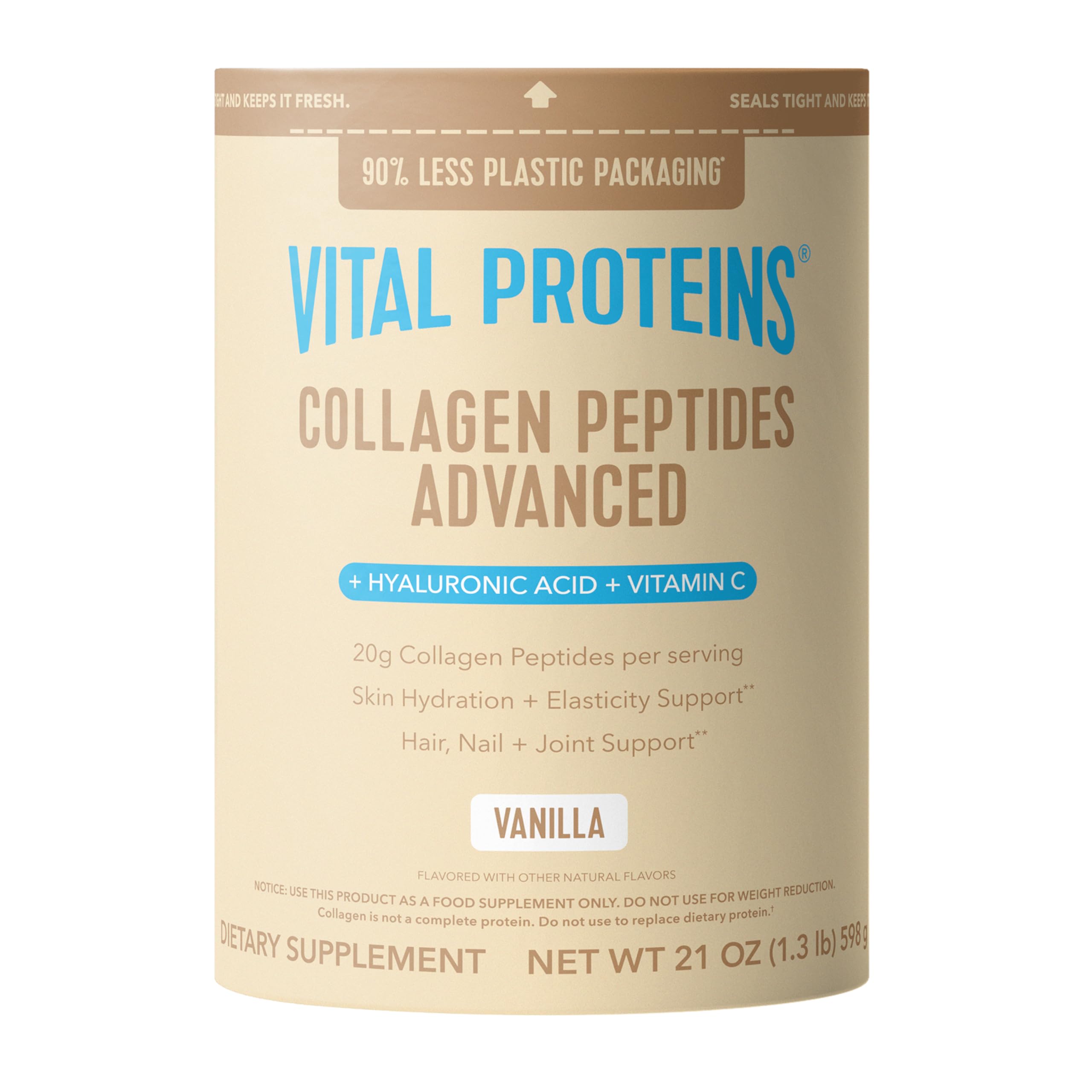 Collagen Peptides Advanced, Hydrolyzed Peptides with Hyaluronic Acid and Vitamin C - Vanilla Flavor Powder, 21oz