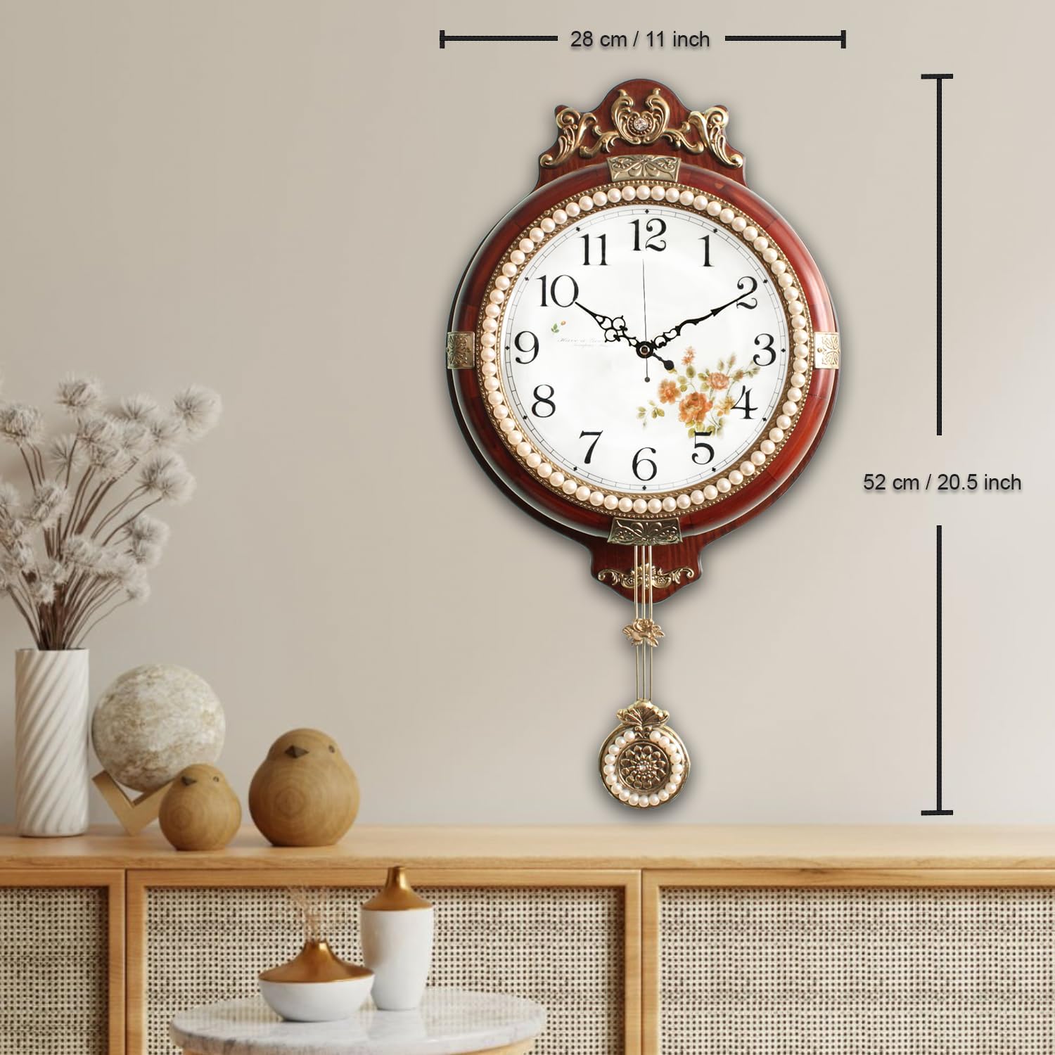 Aero Snail Pendulum Wall Clock, Retro Style Silent Clock with Pearls Decoration, Vintage Decor European Victoria Wood Clock for Indoor Bedroom Living Room, W224A