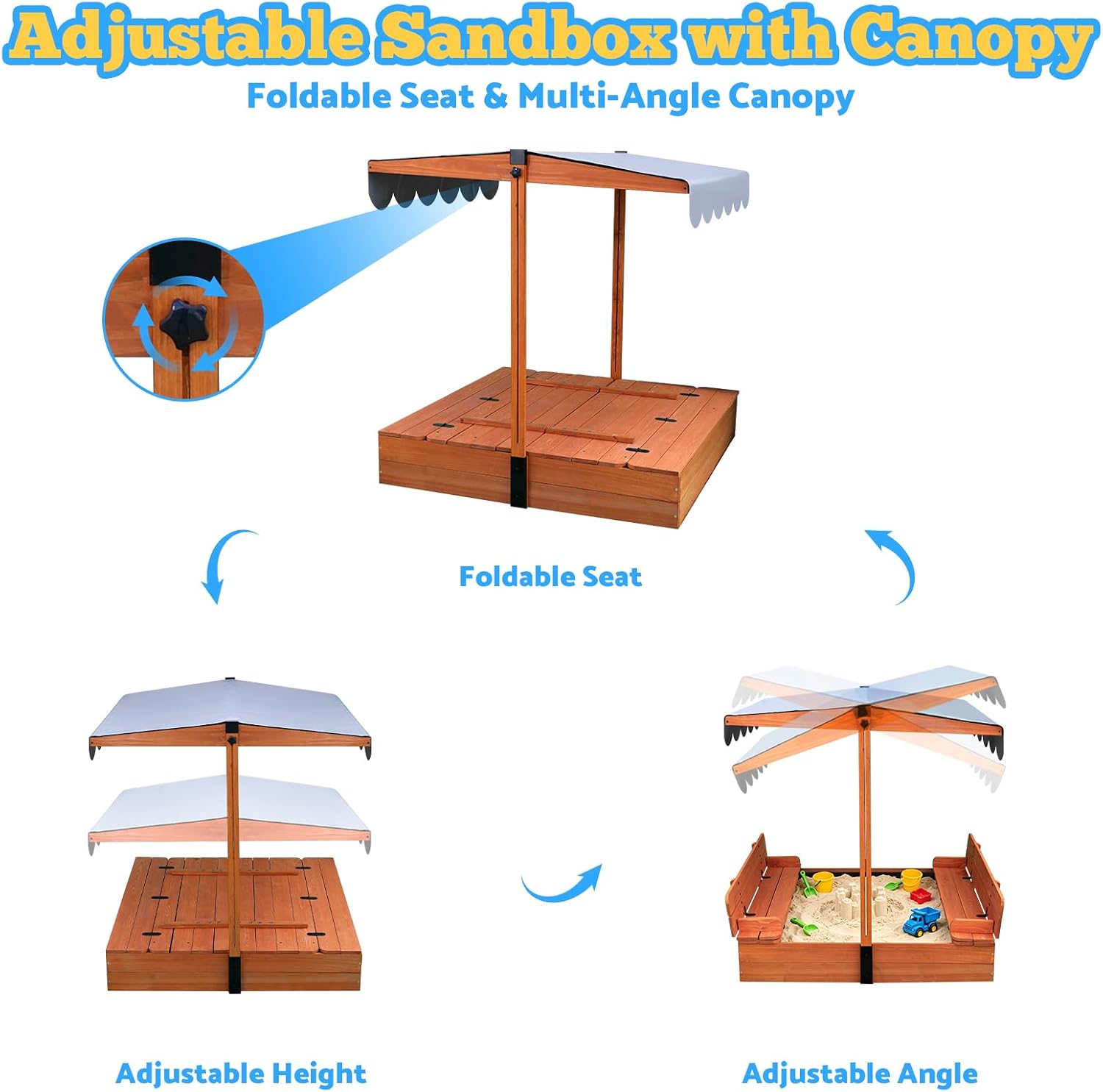 FunXplore Wooden Kids Sandbox with Lid & Canopy, Outdoor Sand Pit with Cover & Adjustable Roof, 2 Foldable Benches, Bottom Liner, Backyard Play Equipment for Ages 4-8, Brown