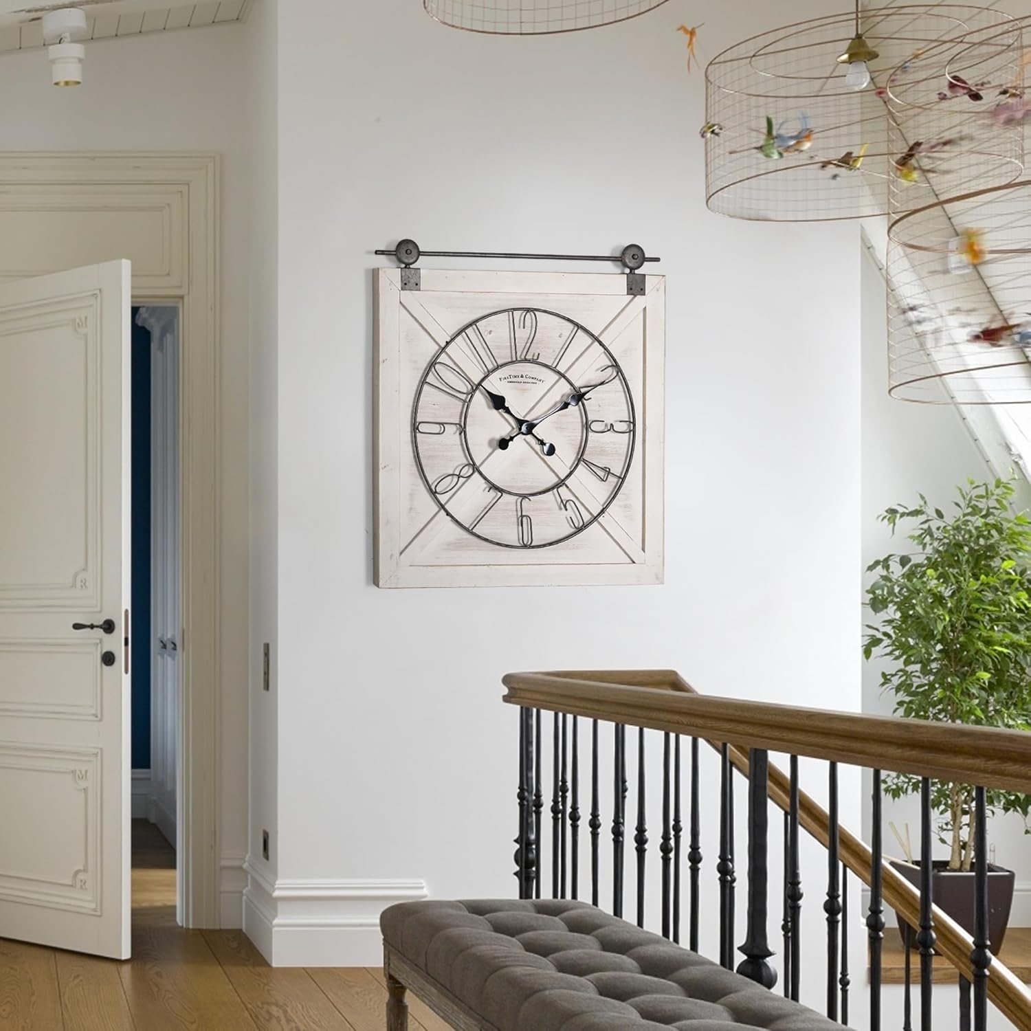 Oakrain Rustic Large Wall Clock, Classic Vintage Hanging Clock, Silent Non-Ticking Square Wall Clock for Living Room Bedroom Office, Numeral, Distressed White, 27''x29''