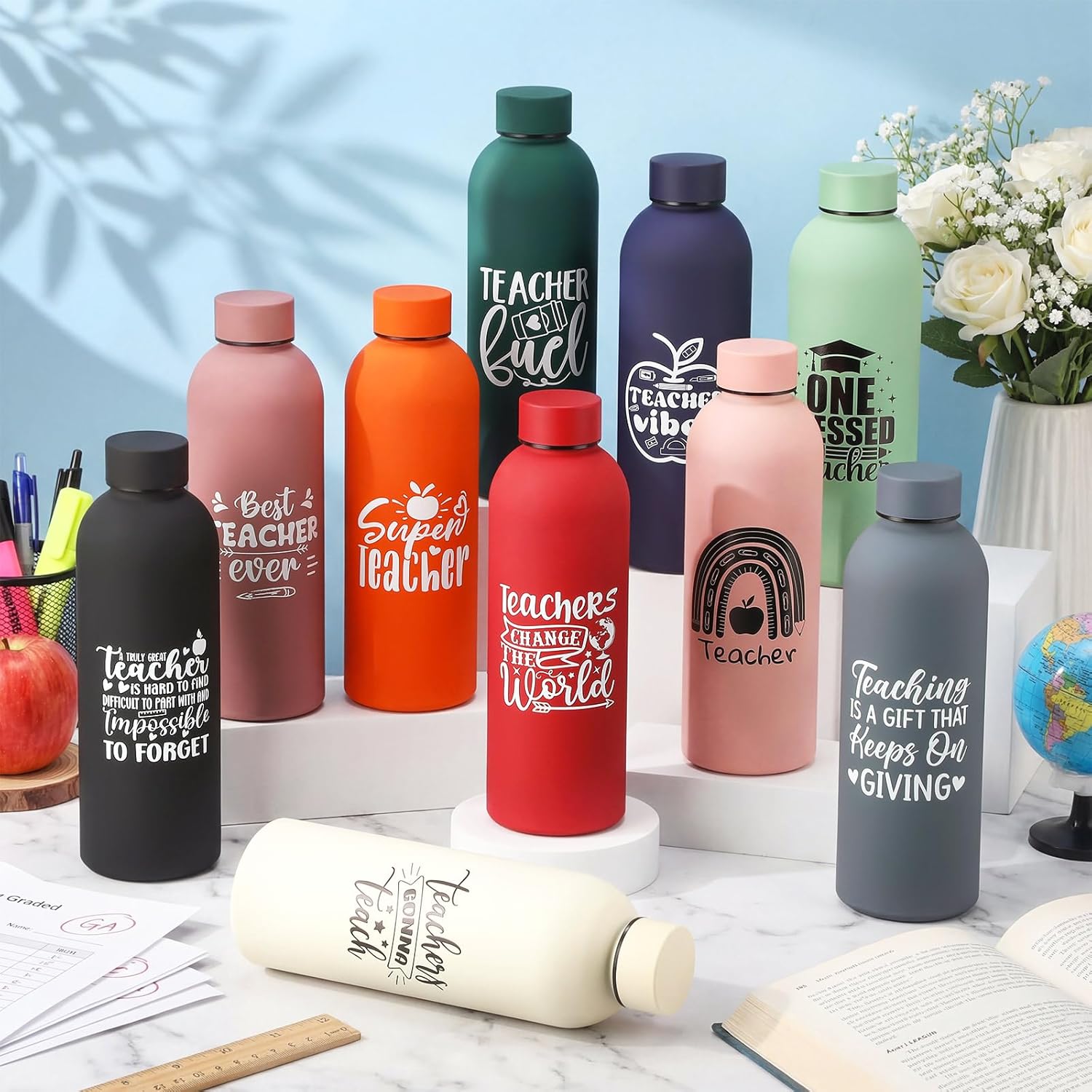Teenyyou 10 Pcs Teacher Appreciation Gifts Bulk Thank You Gifts for Teachers 17 oz Stainless Steel Water Bottles Insulated Cups for Teachers Week Graduation End of Year Office (Fresh,10 Colors)