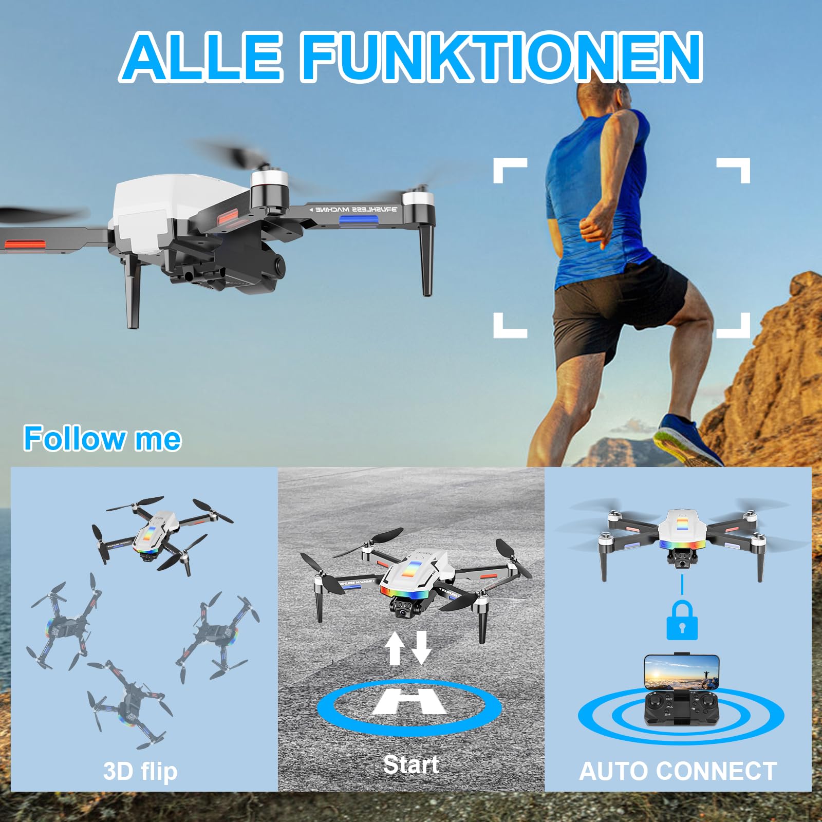 Drone avec 2 Caméra Réglage électrique Caméra, Ambesty 4K Mini Drone Caméra Pliable Active d'évitement d'obstacles, Drone Quadricoptère FPV WiFi Télécommandé, avec 2 Batteries, pour Débutants (Blanc)