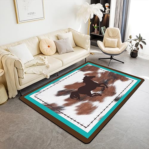 Alfombra de caballo de 5 x 7 pulgadas, alfombra de piel de vaca con estampado de granja occidental para sala de estar, dormitorio, color verde