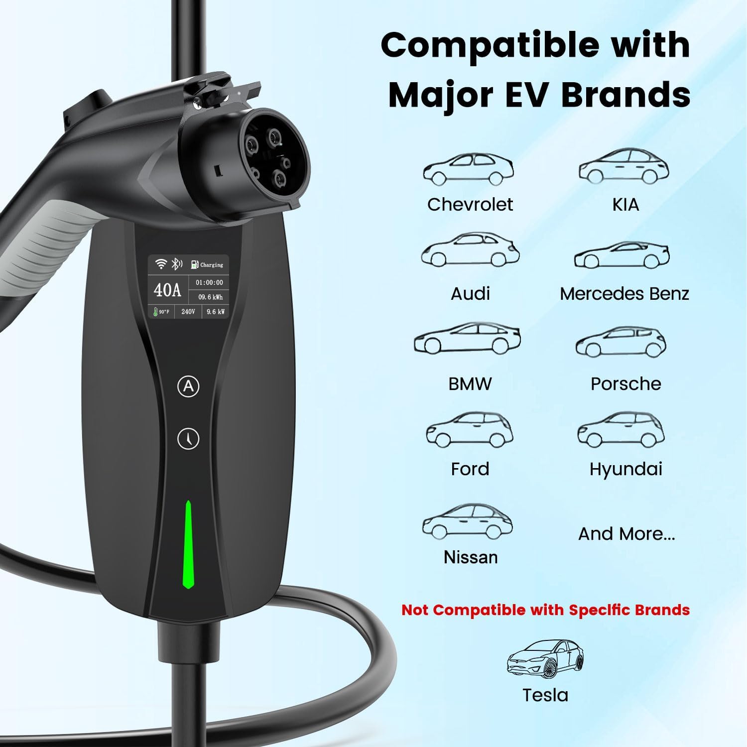 Level 2 EV Charger, 40A Electric Car Chargers with Wi-Fi/App Control, ETL Certified, NEMA 14-50 Plug, Adjustable Current, Timing Delay 25FT Electric Vehicle Chargers for J1772 BEVs/PHEVs 240V 9.6kW