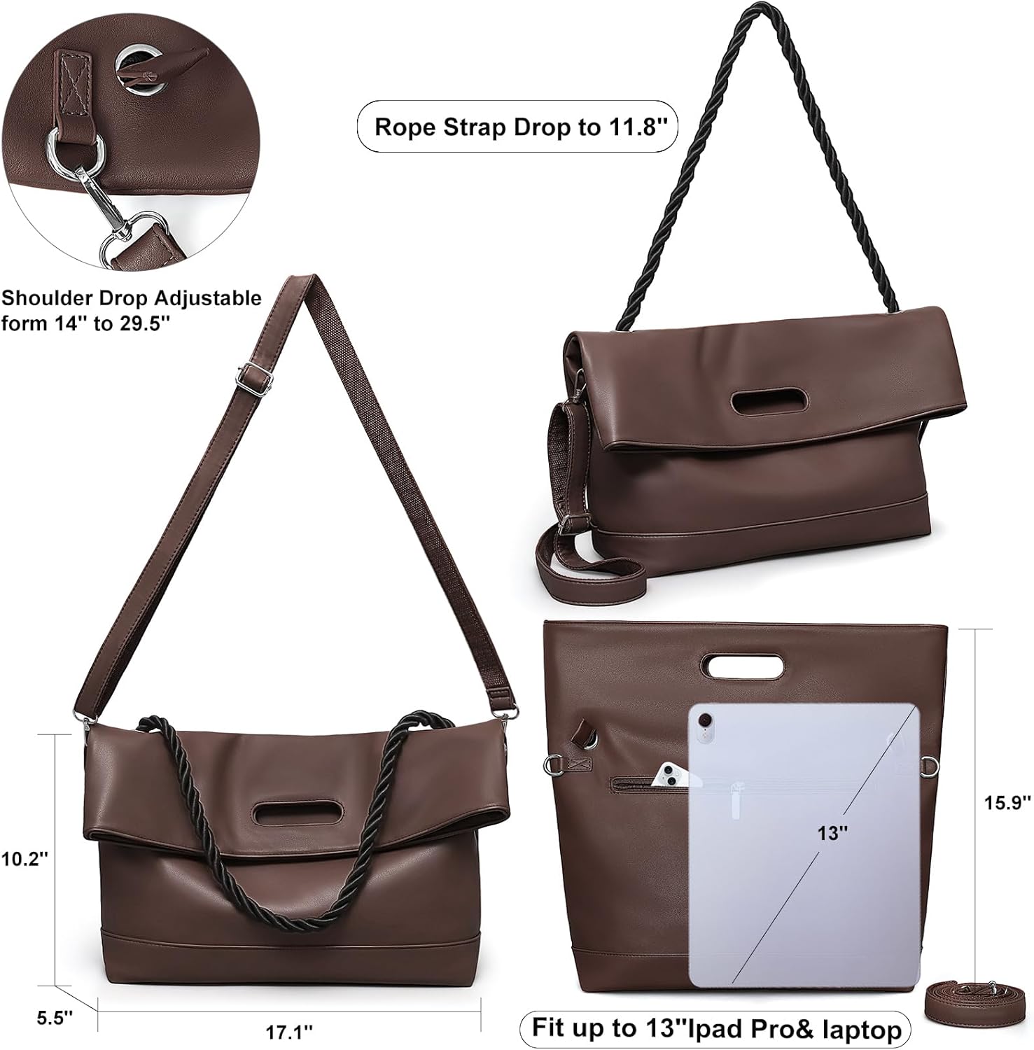 Large Tote Bags for Women Hobo Crossbody Purses Leather Shoulder Handbags Work Ladies Bags with Adjustable Strap - Image 3