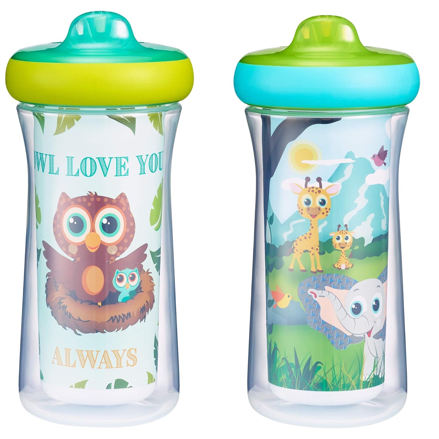 The First Years Insulated Hard Spout Pack of Sippy Cups for Toddlers, Owl/Elephant, 9 Ounce (Pack of 2)