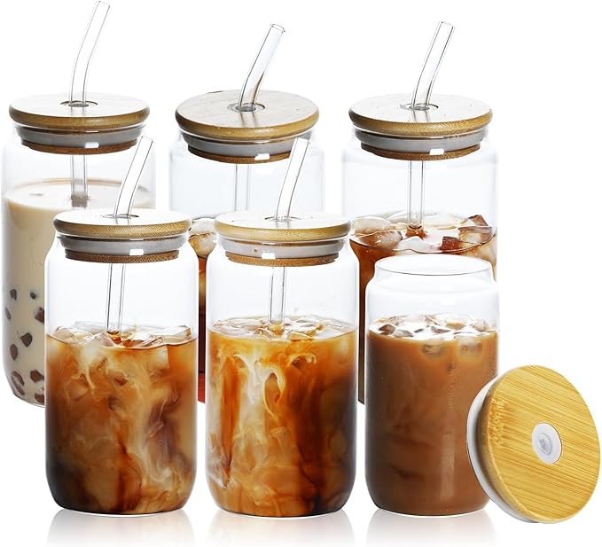 Set de 4 vasos de vidrio con tapa y sorbete, 16 oz miniatura 7