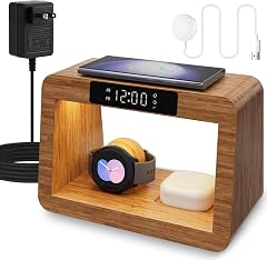 Bamboo Wireless Charging Station, 5 in 1 Charging Station with Light & Alarm Clock for Samsung &