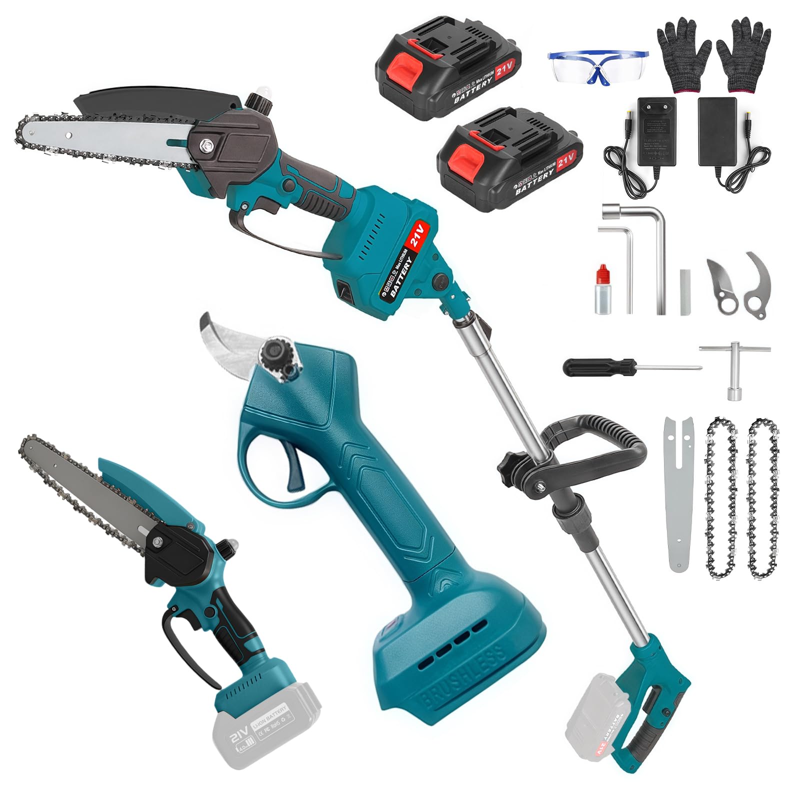 6 Pulgadas Mini Motosierra Telescopica & 25 mm Tijeras de Podar Eléctricas, 4 en 1 Kit de Herramientas de Jardín con 2 * 3000 mAh Baterías, Altura Ajustable 4.2m, Para Jardín y Huerto (Con batería)