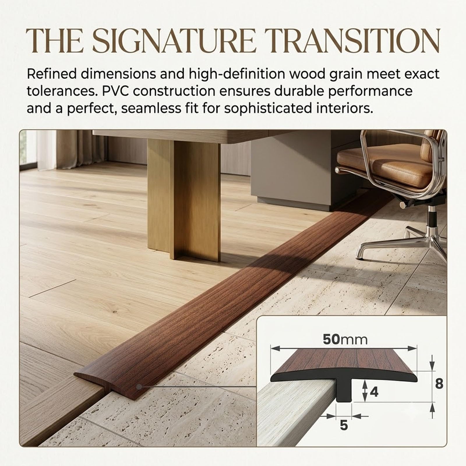 Perfil Transición Suelo en T Autoadhesivo Recortable 1 2 3 5 8 9 10m, Tira de Umbral PVC Flexible 50mm para Puertas, Tapajuntas Plano para Conectar Suelos Laminado y Azulejos
