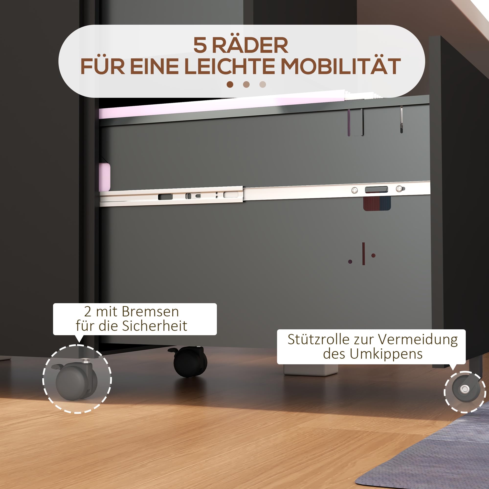 Vinsetto Rollcontainer 2 Schubladen A4 Stahl 37 x 43,5 x 67,5 cm Schwarz | Abschließbarer Büroschrank mit Rollen, Bürocontainer für Akten Dokumente
