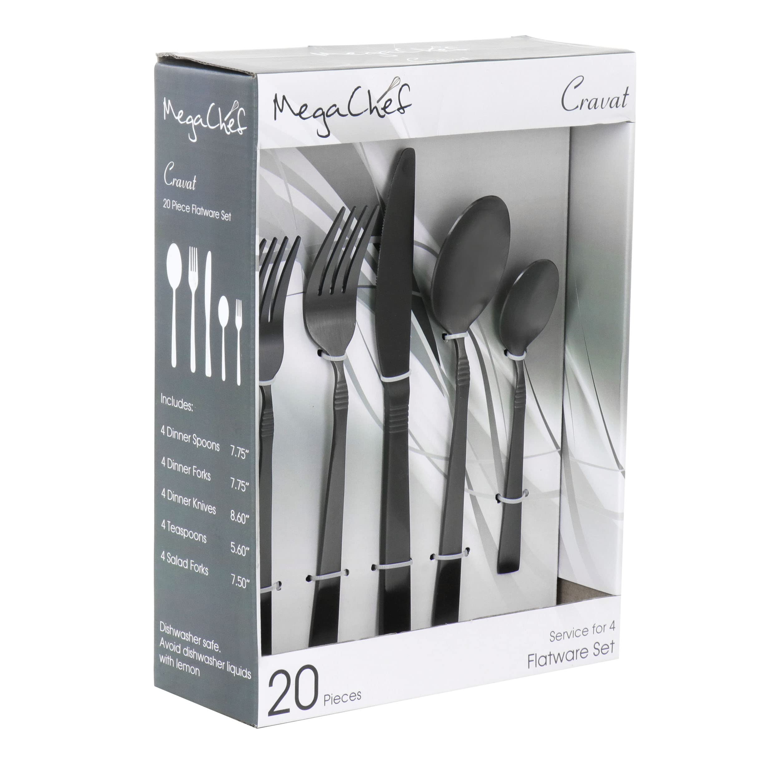 Megachef Stainless Steel Silverware Flatware Utensil, 20 Piece Set, Matte Black