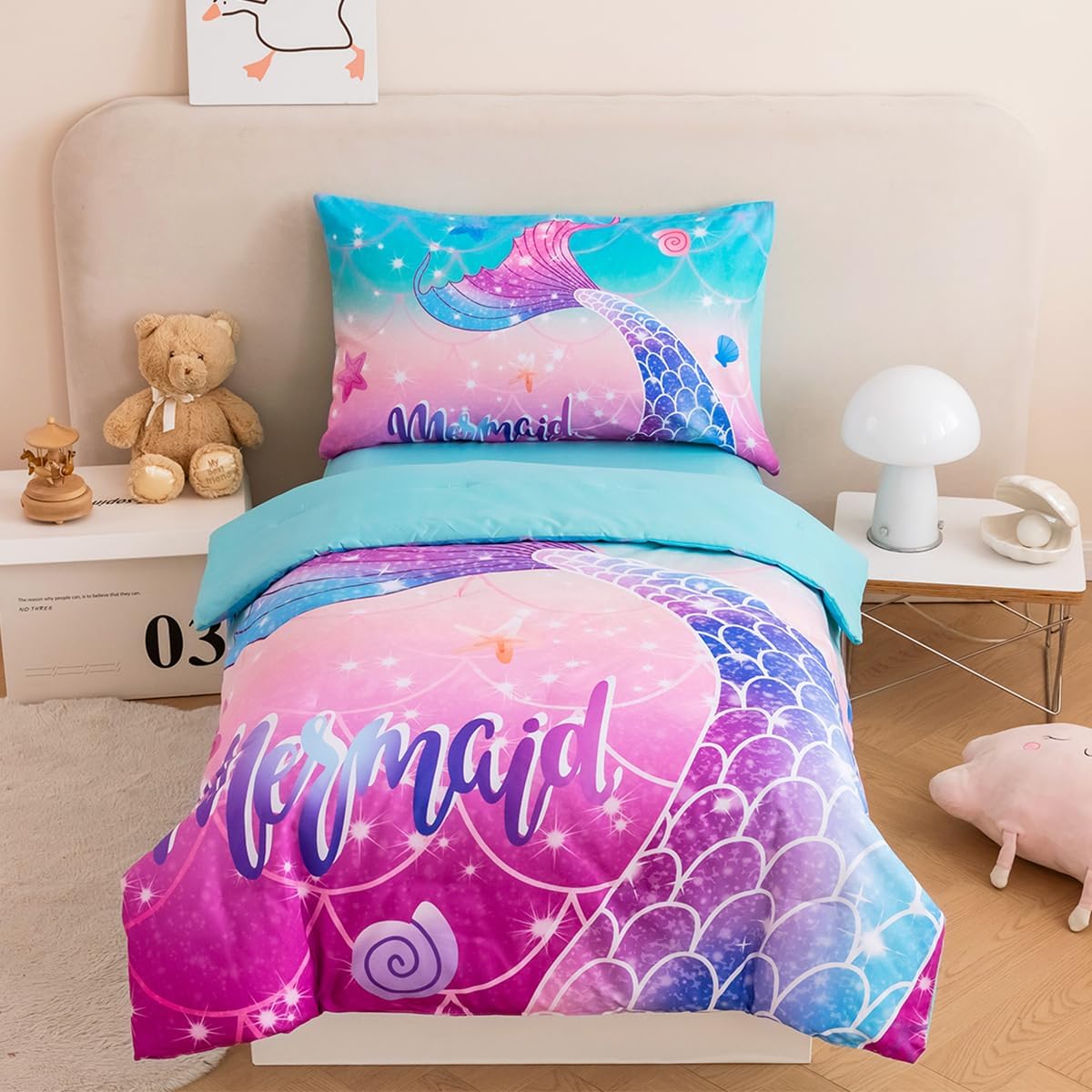 STYHO Double Duvet Cover for Girls Aqua Purple Mermaid Tail Printed Kids Bedding Set Soft Colorful Rainbow Chilren Bed Sets for All Season(Aqua Purple, Double)