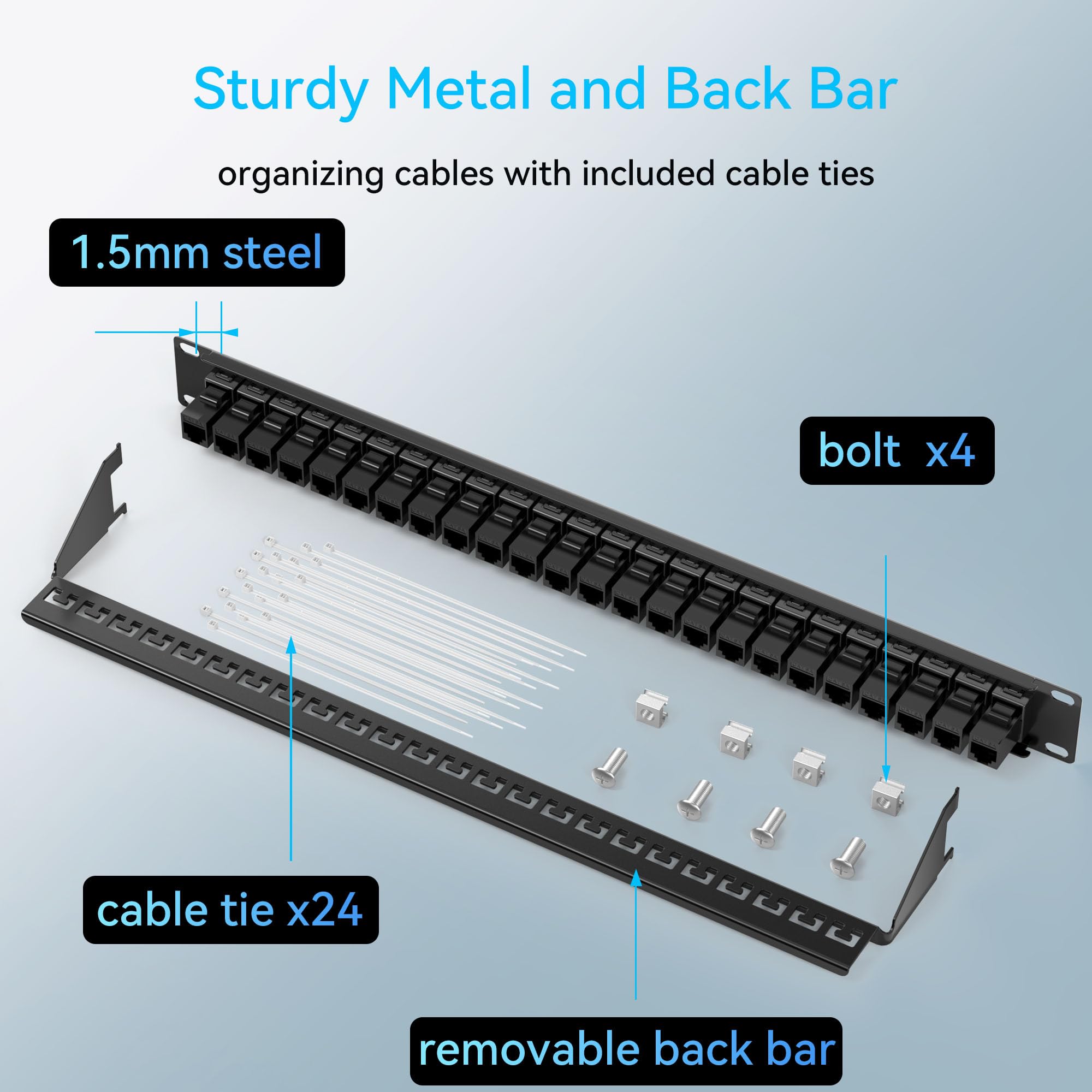 Sokqovt Panel de conexión de 24 puertos Cat6a con acoplador Keystone, panel de conexión de red Cat6 10G sin perforación, panel de conexión Ethernet 1U Rj45 de ahorro de tiempo con barra trasera