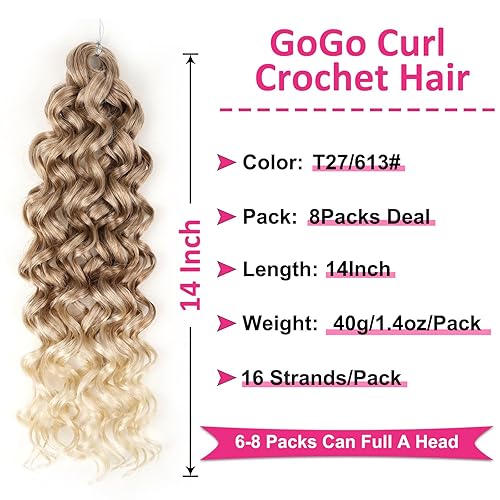 Miniatura 2 de Unionbeauty - Cabello rizado con ganchillo GoGo, 8 paquetes de trenzas onduladas de ganchillo de 14 pulgadas, cabello rizado de ganchillo para