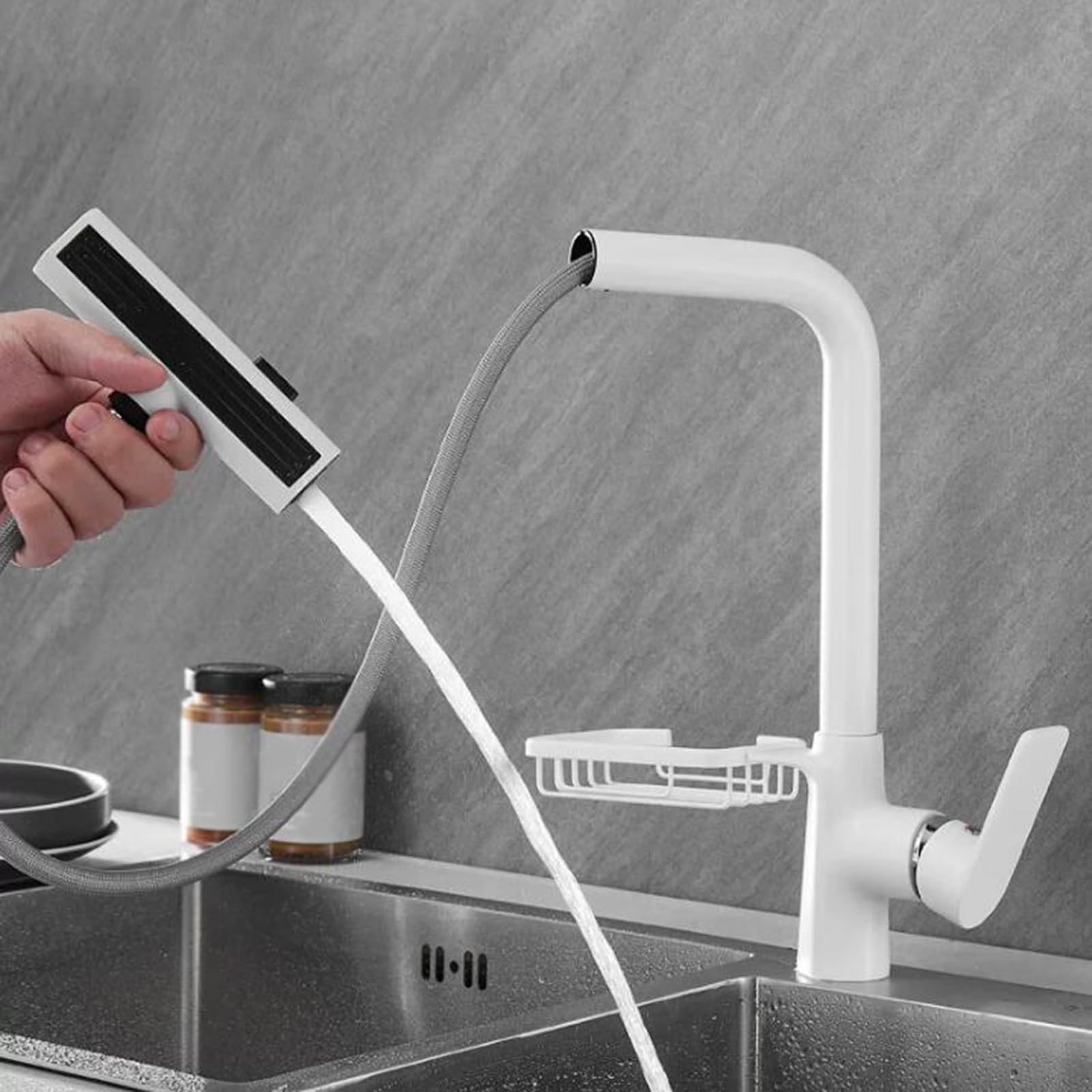 Kitchen Mixer Tap with Pull Out Spray Brass Hot and Cold Water Swivel Single Hole Taps Out-White