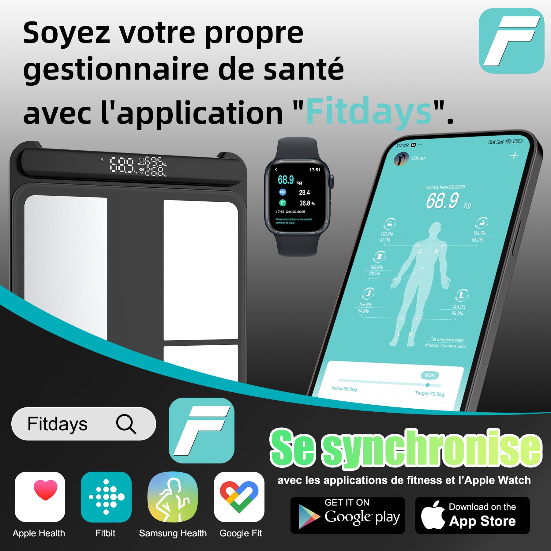 Balance Connectée Impédancemètre 8 Électrodes, Pèse Personne Haute Précision avec Poignée Rétractable, Analyse Corporelle Segmentaire Complète (Graisse, Muscle, Eau, IMC), Max 180kg/400lb